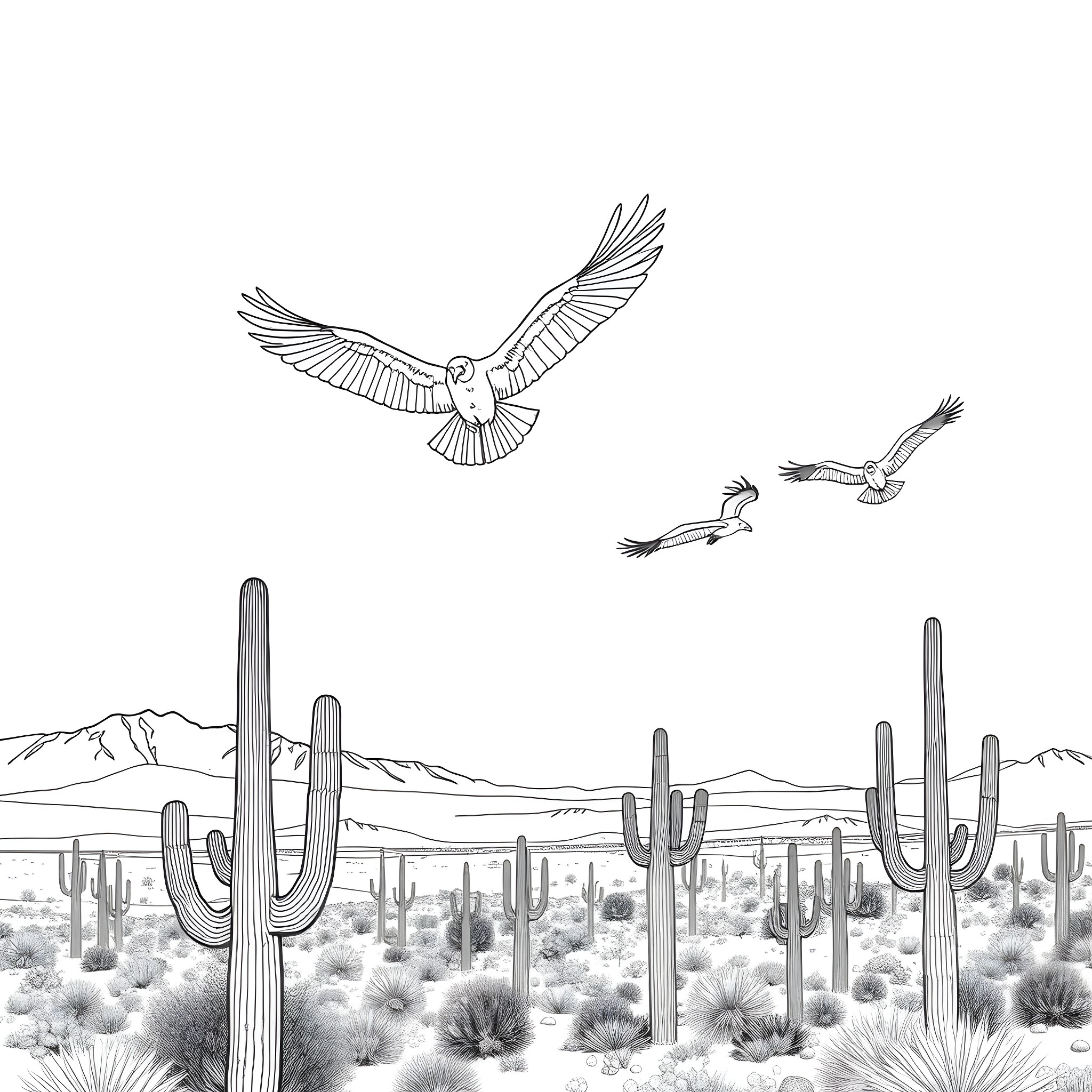 Vulture soaring through a desert landscape with cacti Coloring Page (free black-and-white line drawing printable PDF for all, from beginners to advanced learners, including children, teens, adults, and seniors)
