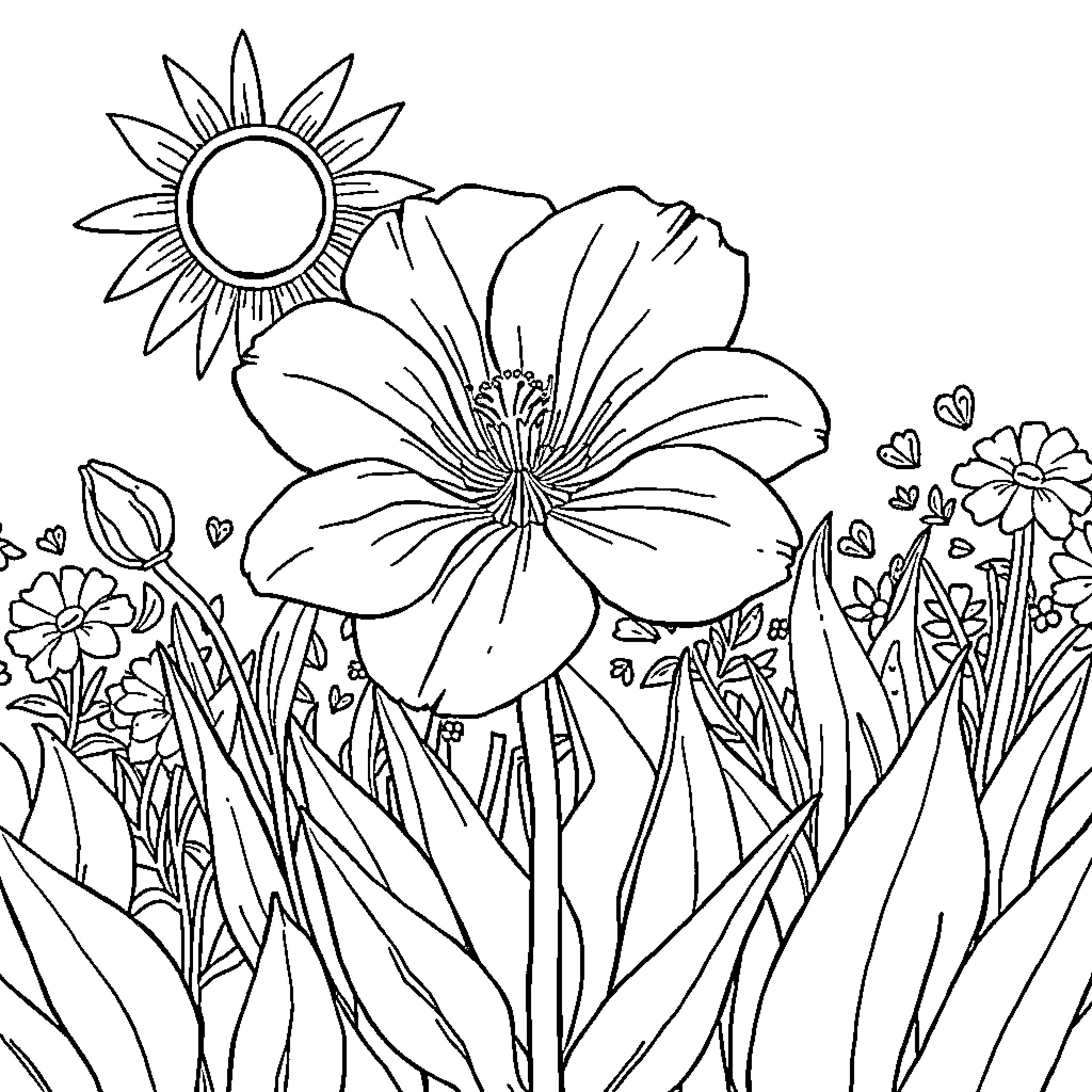 Flower garden with blooming flowers and sun Coloring Page (free black-and-white line drawing printable PDF for all, from beginners to advanced learners, including children, teens, adults, and seniors)