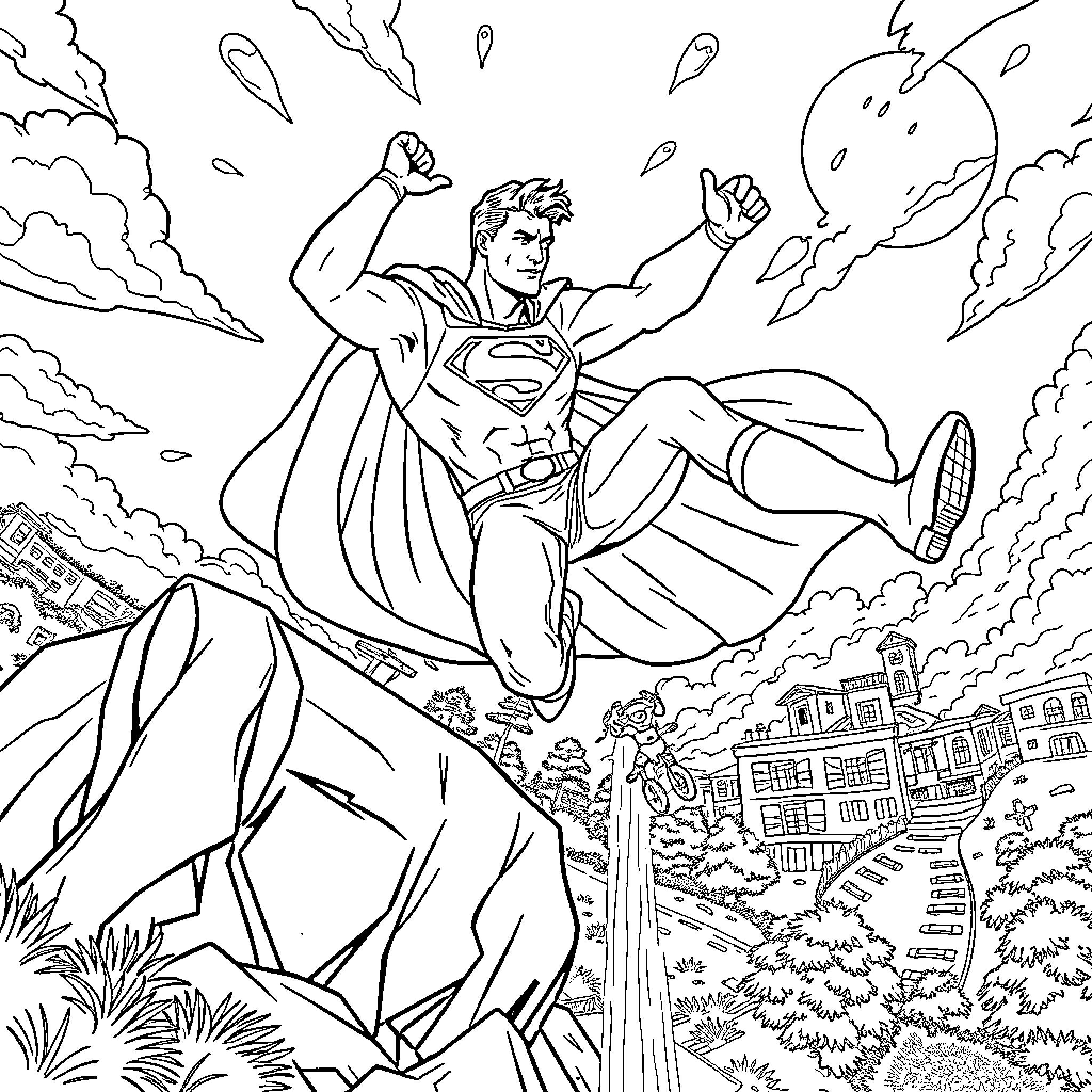 Superman soaring through the sky with heroic pose Coloring Page (free black-and-white line drawing printable PDF for all, from beginners to advanced learners, including children, teens, adults, and seniors)