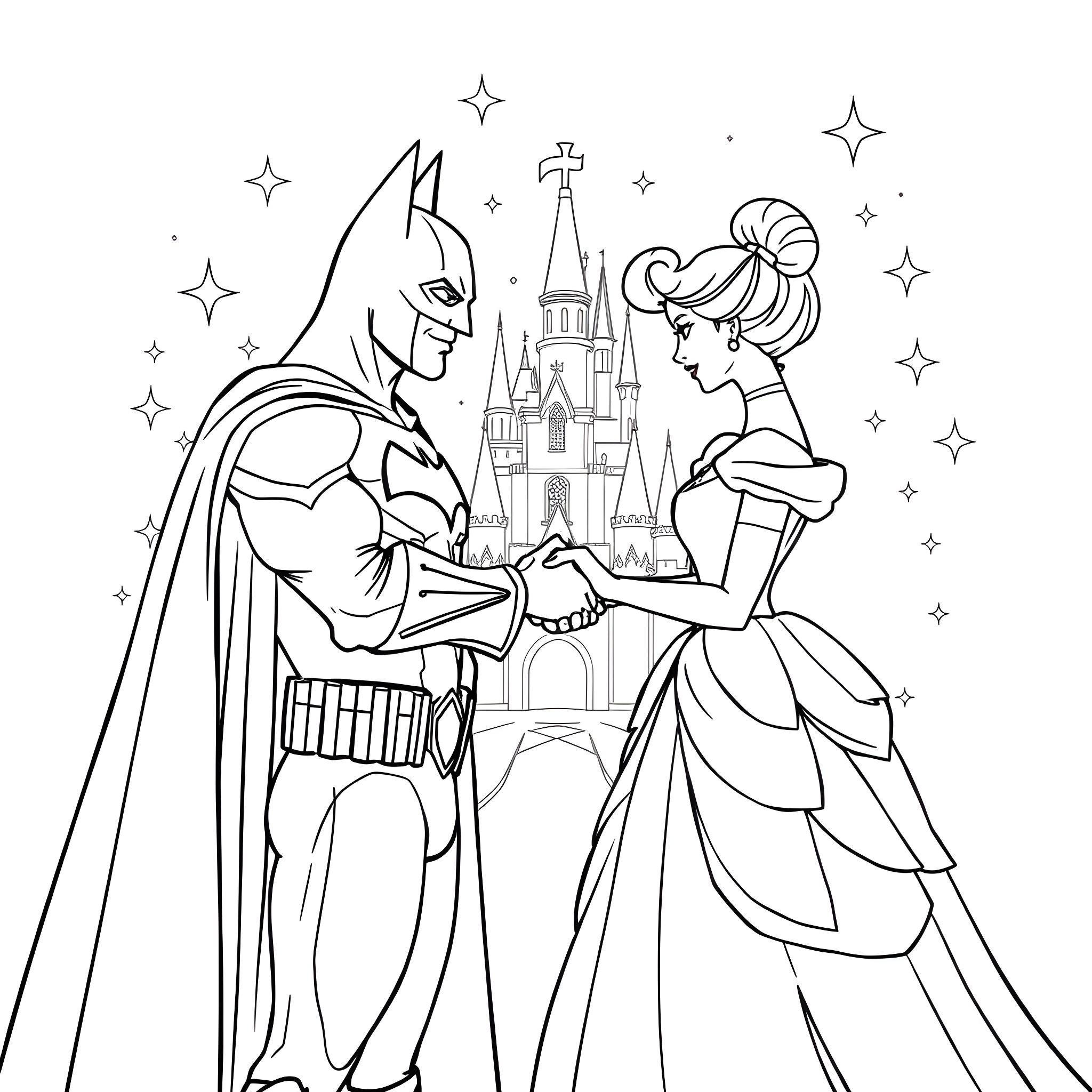 Batman and Princess Dance in Front of Fantasy Castle Coloring Page (free black-and-white line drawing printable PDF for all, from beginners to advanced learners, including children, teens, adults, and seniors)
