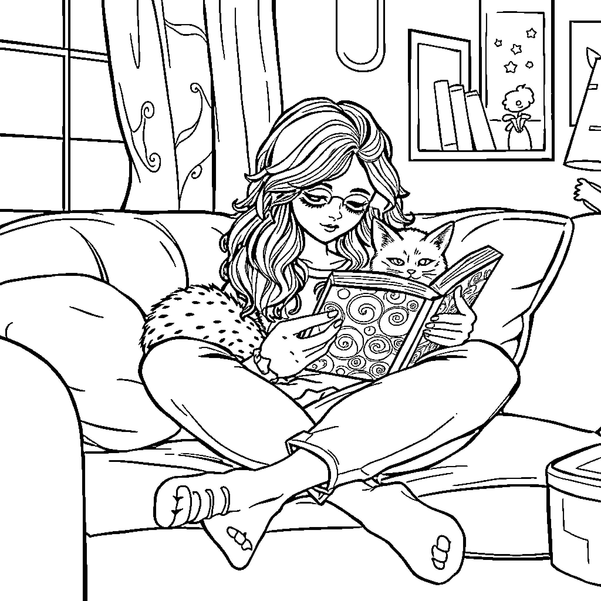 Girl reading book with pet cat on couch Coloring Page (free black-and-white line drawing printable PDF for all, from beginners to advanced learners, including children, teens, adults, and seniors)