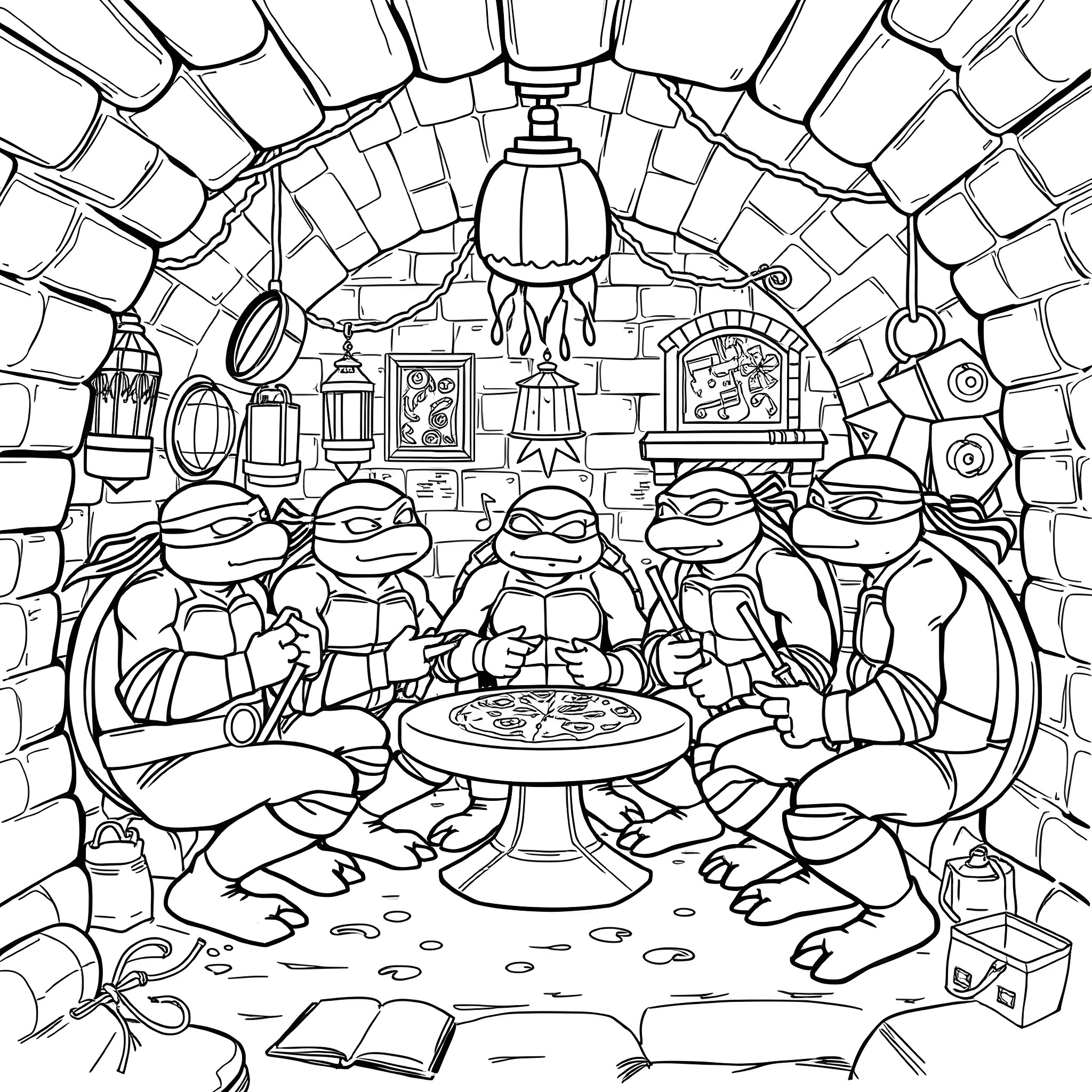 Teenage Mutant Ninja Turtles in a Cozy Lair Coloring Page (free black-and-white line drawing printable PDF for all, from beginners to advanced learners, including children, teens, adults, and seniors)