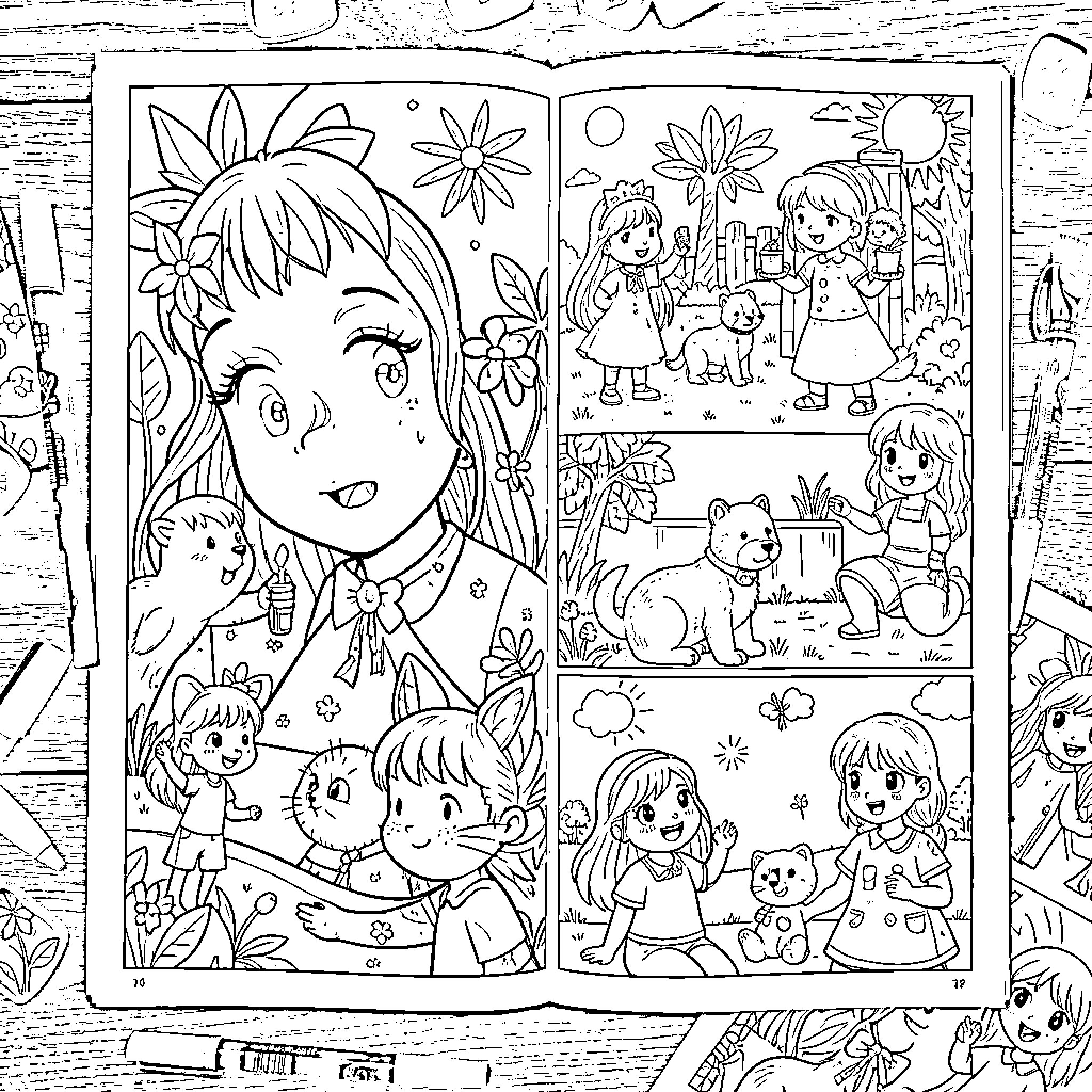 Drawing of a Colorful Children's Adventure Coloring Page (free black-and-white line drawing printable PDF for all, from beginners to advanced learners, including children, teens, adults, and seniors)