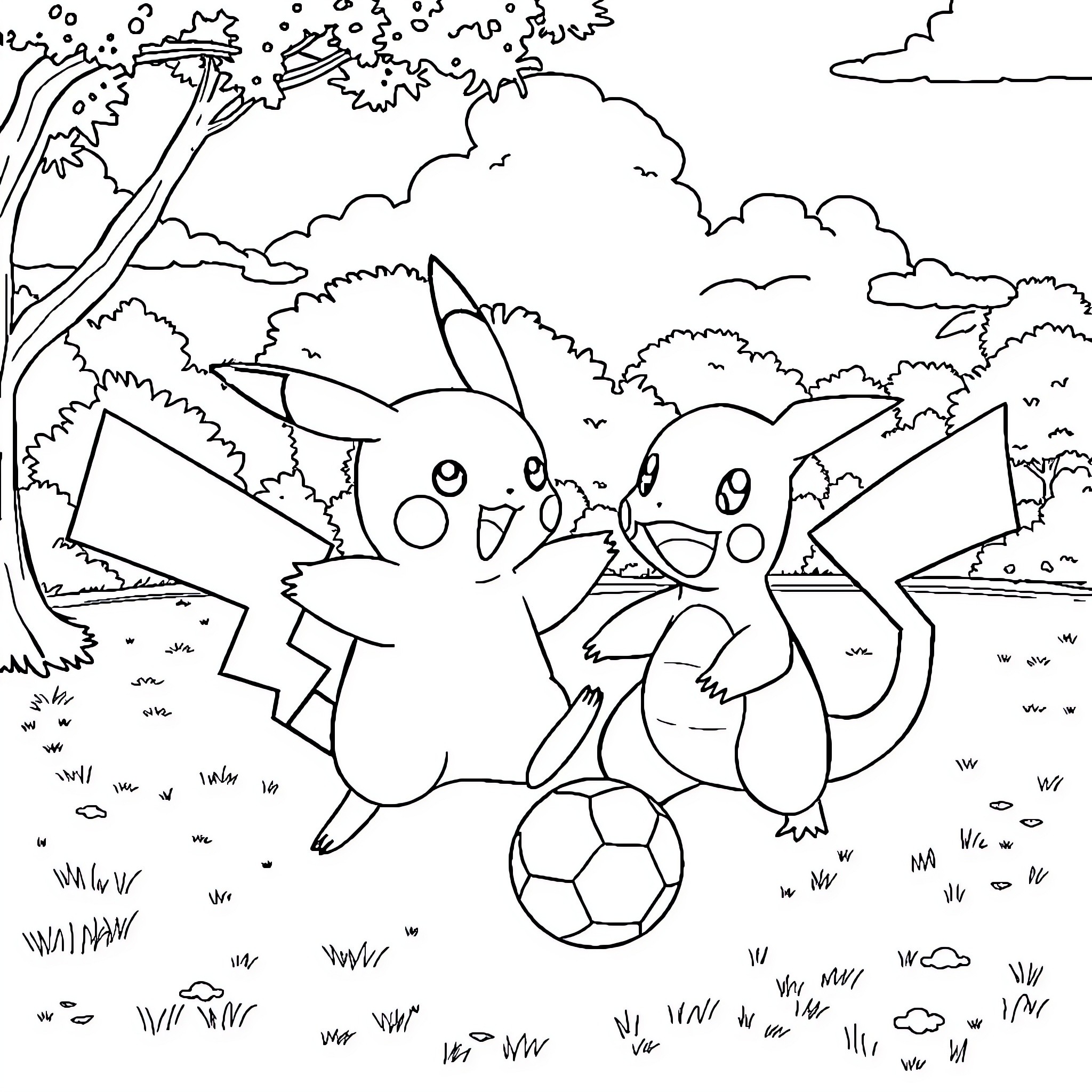 Pikachu and friends playing soccer in the park Coloring Page (free black-and-white line drawing printable PDF for all, from beginners to advanced learners, including children, teens, adults, and seniors)