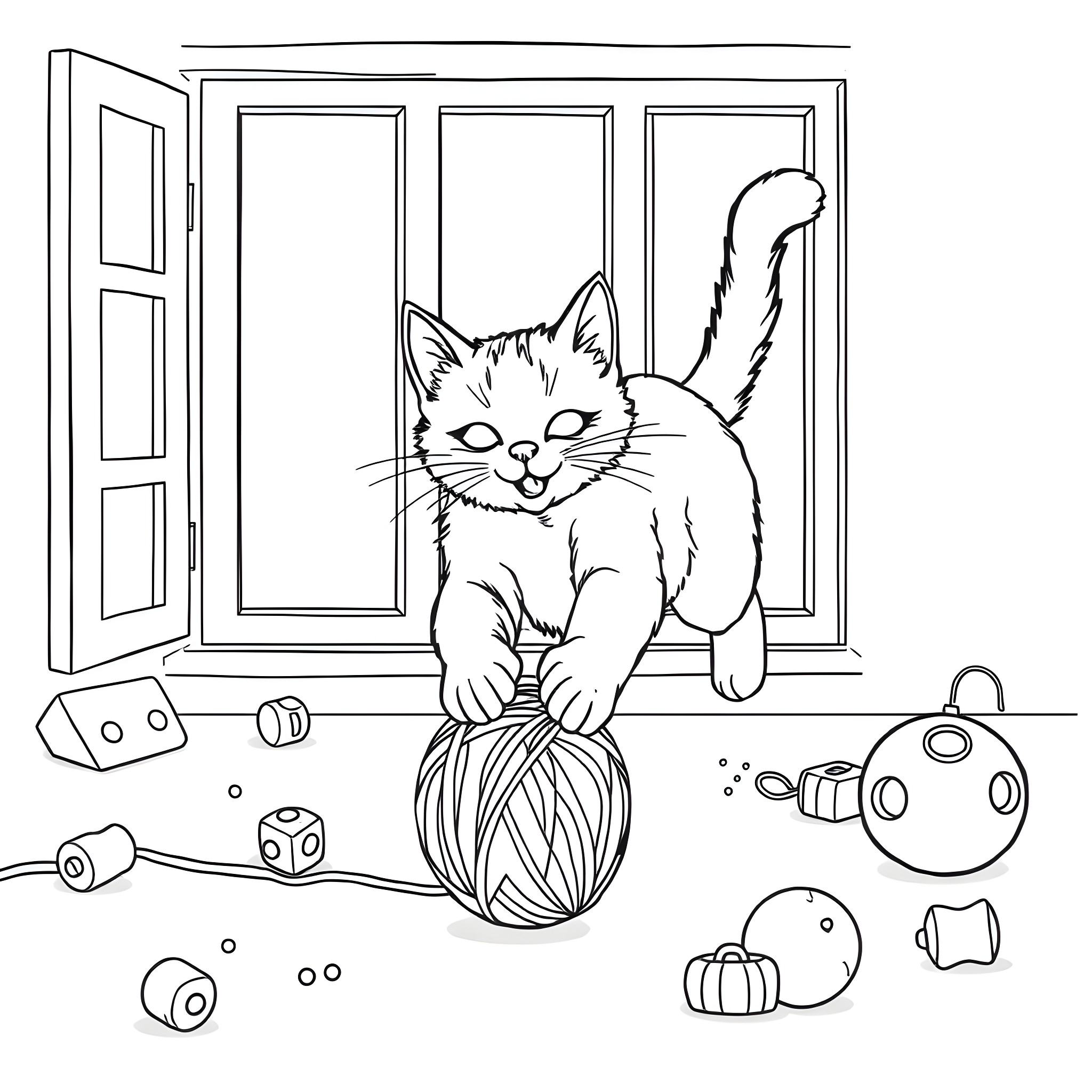 Cat playing with toys near window Coloring Page (free black-and-white line drawing printable PDF for all, from beginners to advanced learners, including children, teens, adults, and seniors)