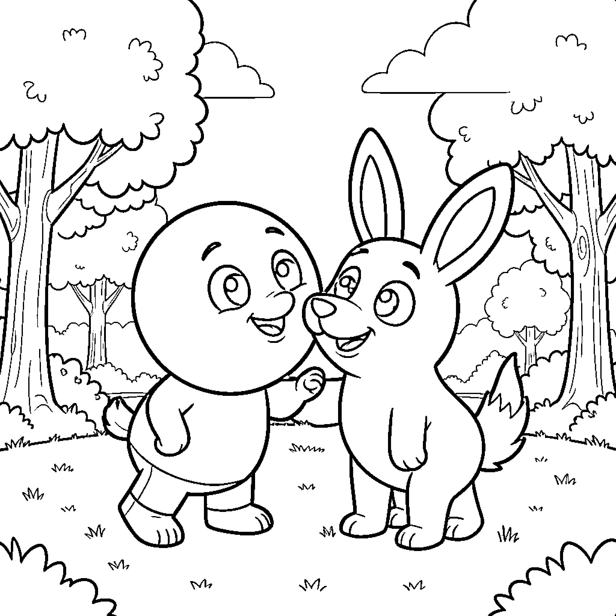 Gumball and Bunny Friends in the Woods Coloring Page (free black-and-white line drawing printable PDF for all, from beginners to advanced learners, including children, teens, adults, and seniors)