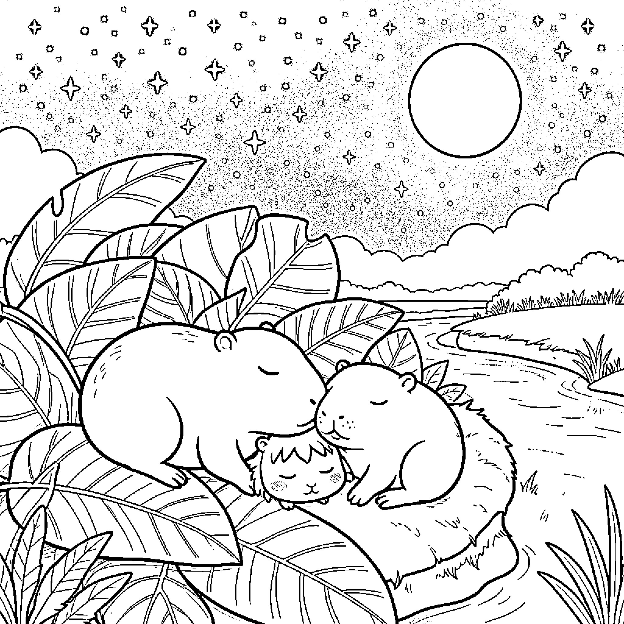 Capybara family resting peacefully in the wilderness Coloring Page (free black-and-white line drawing printable PDF for all, from beginners to advanced learners, including children, teens, adults, and seniors)
