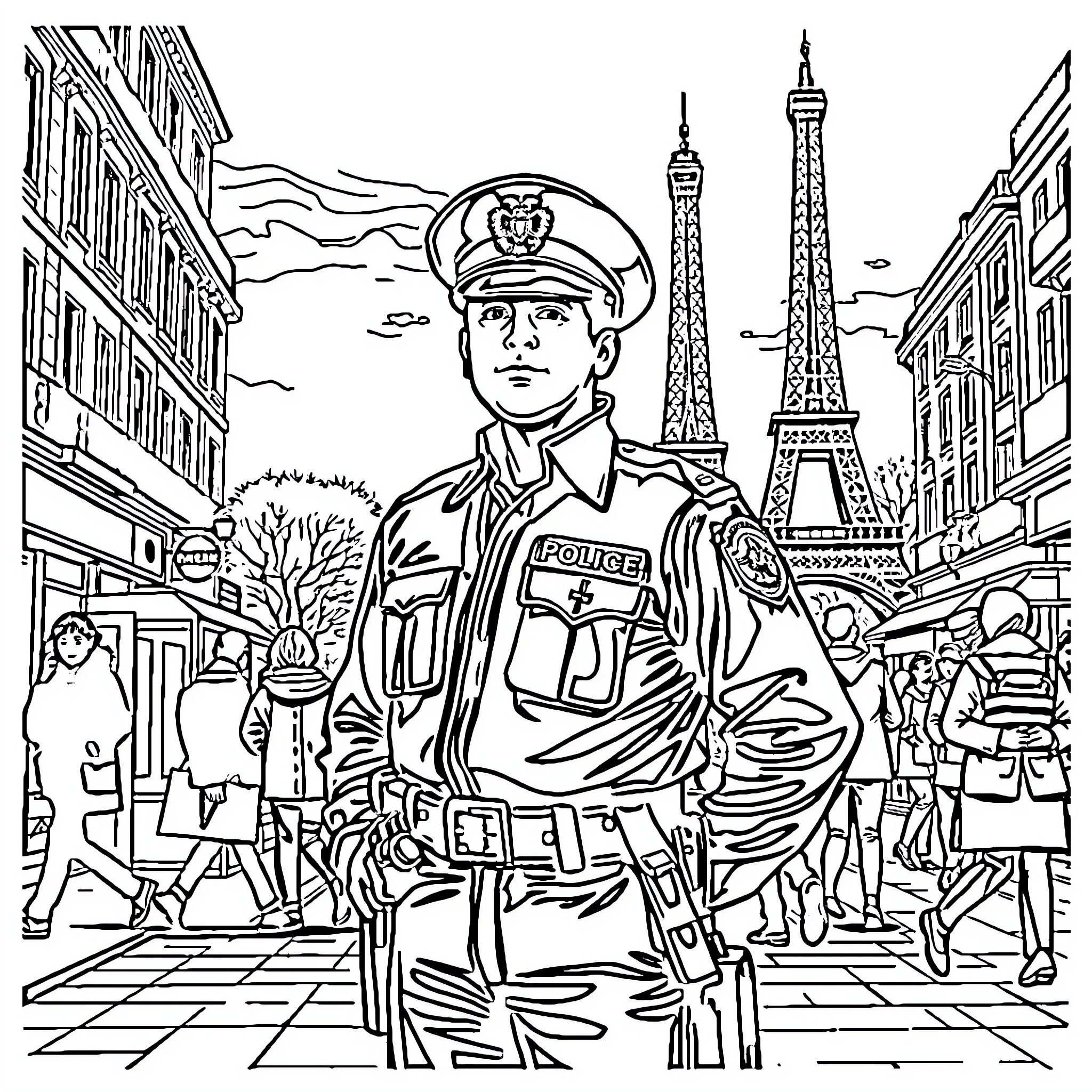 French Policeman on Patrol in Bustling Paris Cityscape Coloring Page (free black-and-white line drawing printable PDF for all, from beginners to advanced learners, including children, teens, adults, and seniors)