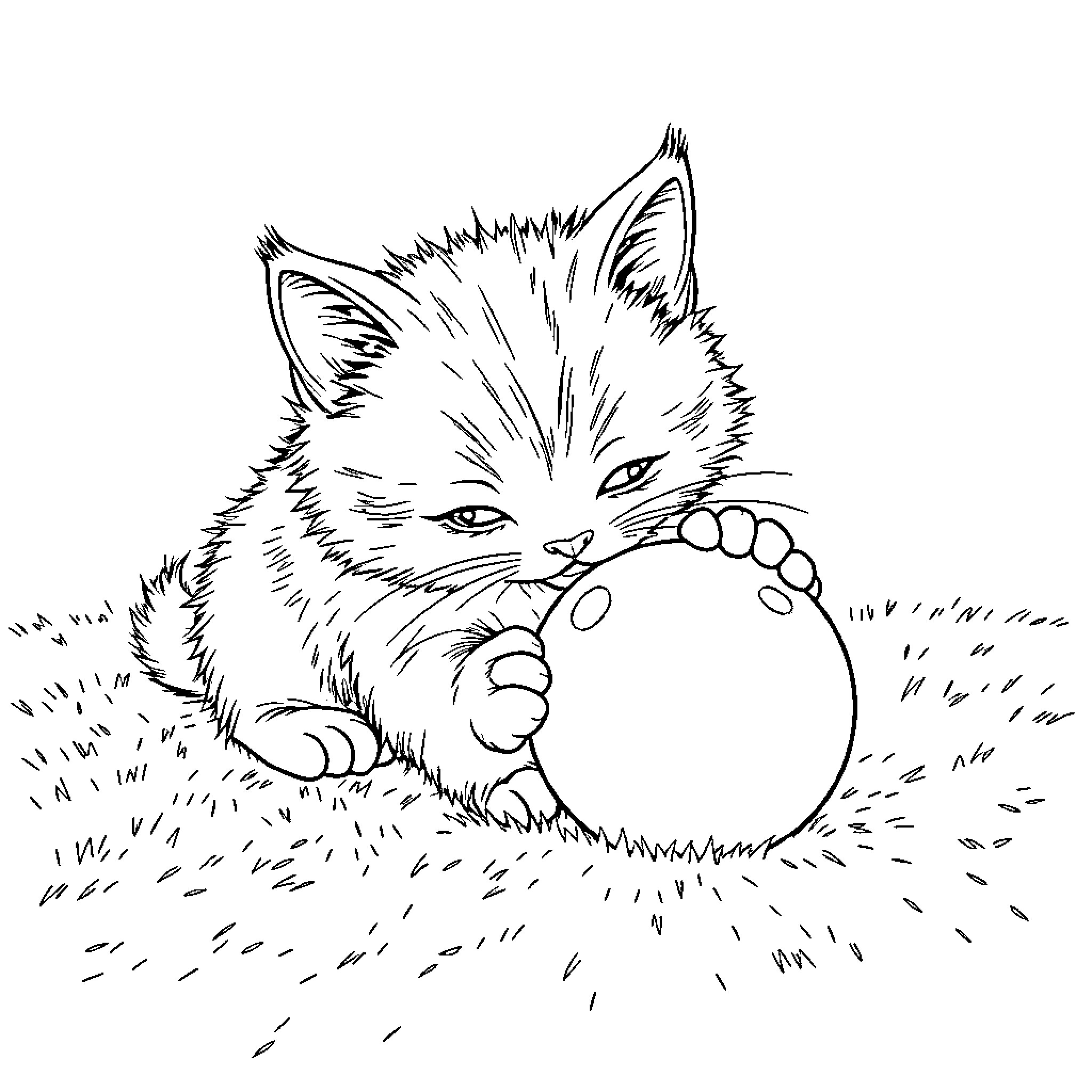 Cat pouncing on ball of yarn Coloring Page (free black-and-white line drawing printable PDF for all, from beginners to advanced learners, including children, teens, adults, and seniors)