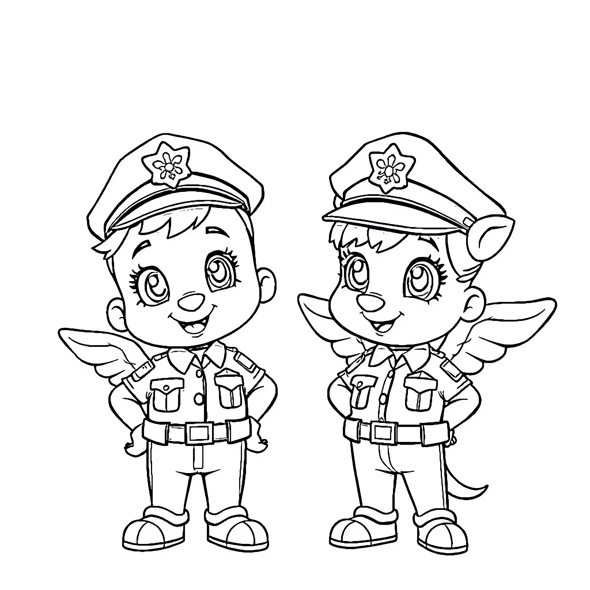Lilo and Stitch as Cartoon Police Officers Coloring Page (free black-and-white line drawing printable PDF for all, from beginners to advanced learners, including children, teens, adults, and seniors)