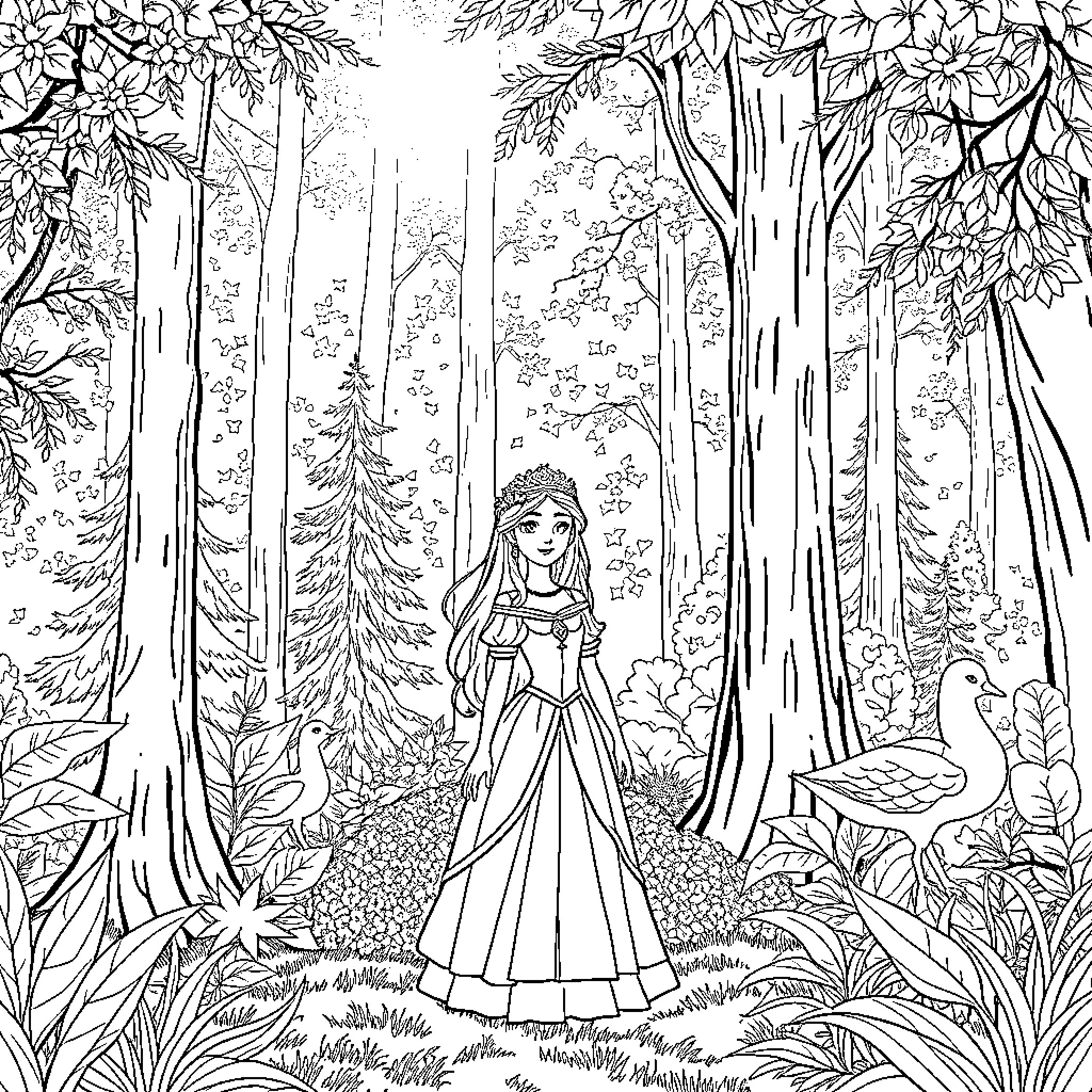 Princess in a Magical Forest Coloring Page (free black-and-white line drawing printable PDF for all, from beginners to advanced learners, including children, teens, adults, and seniors)