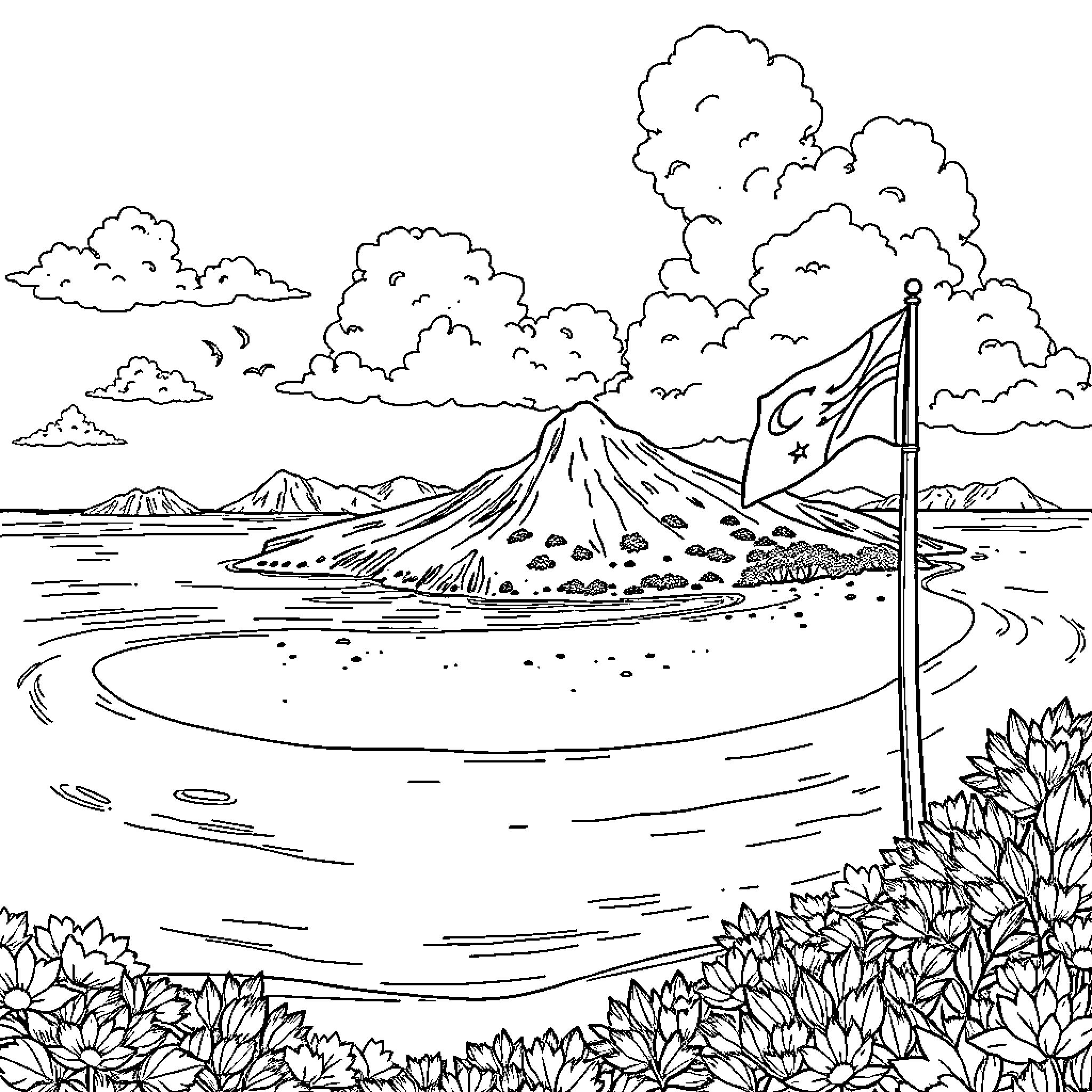 Island Landscape with Erupting Volcano and Flag Coloring Page (free black-and-white line drawing printable PDF for all, from beginners to advanced learners, including children, teens, adults, and seniors)