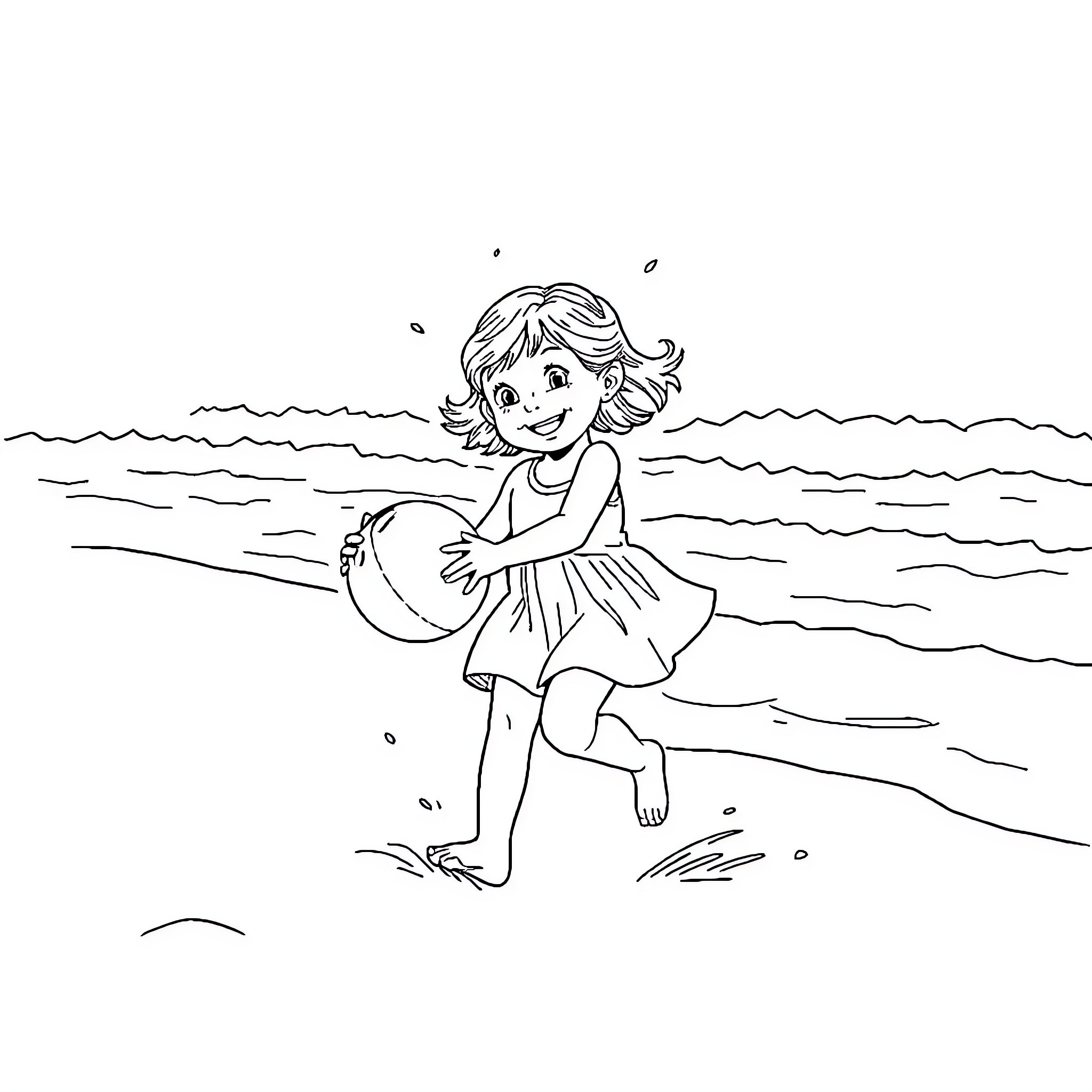 Girl playing joyfully on the beach Coloring Page (free black-and-white line drawing printable PDF for all, from beginners to advanced learners, including children, teens, adults, and seniors)