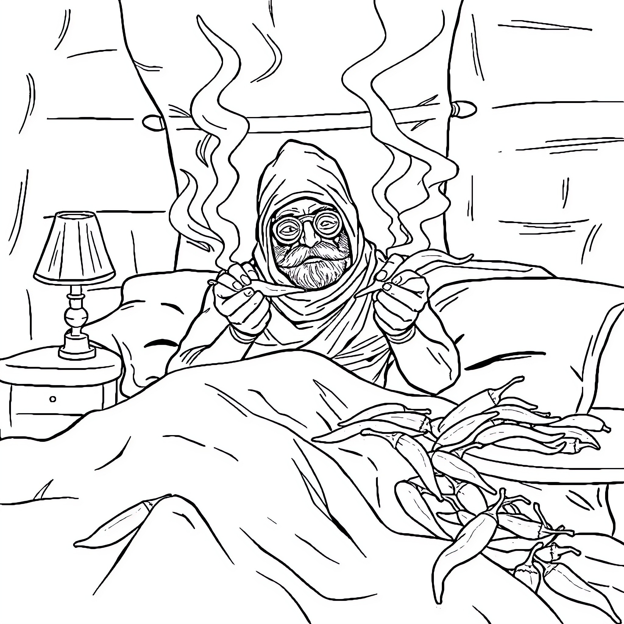 Bandit Seeking Warmth in Cozy Refuge Coloring Page (free black-and-white line drawing printable PDF for all, from beginners to advanced learners, including children, teens, adults, and seniors)
