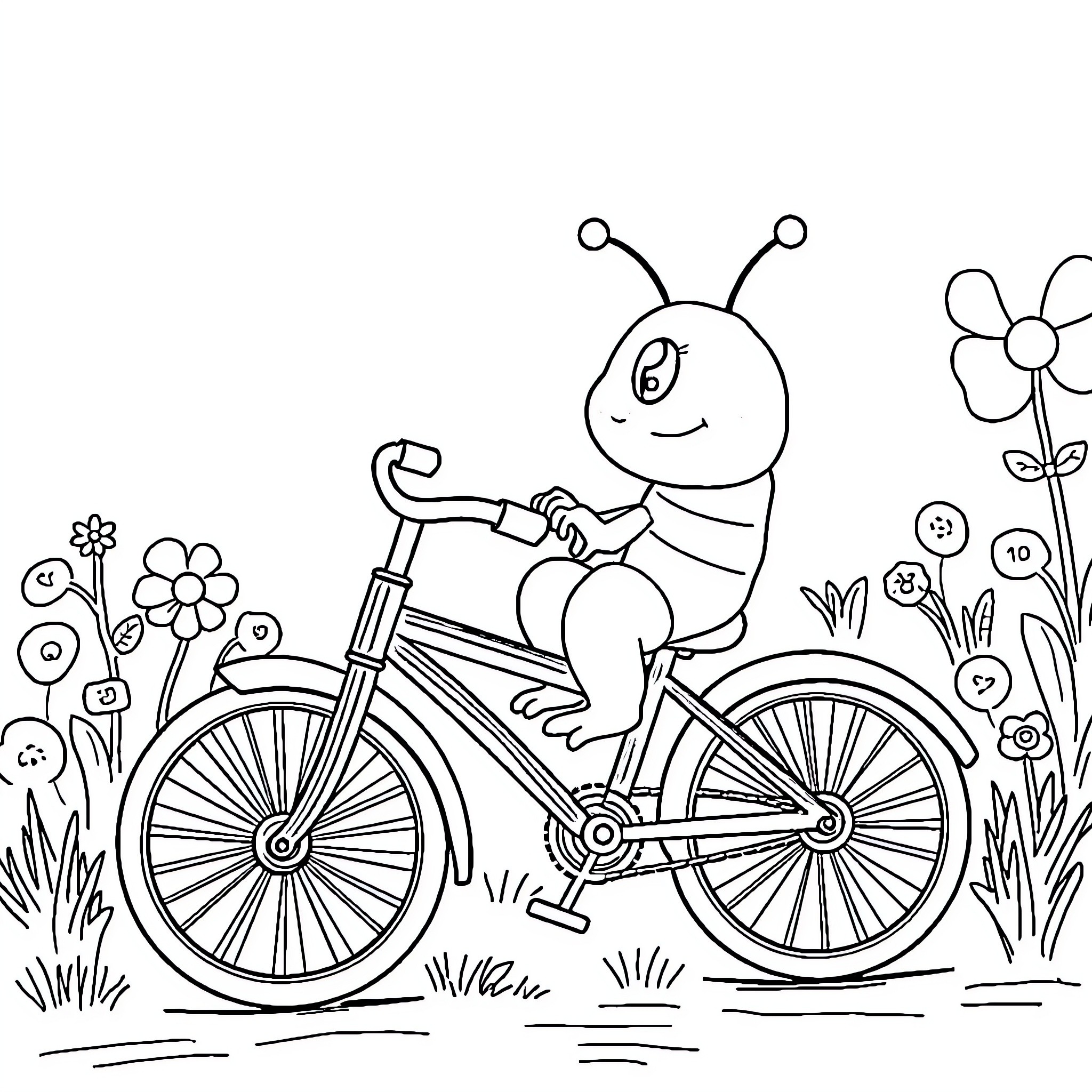 Caterpillar riding a bicycle in a floral garden Coloring Page (free black-and-white line drawing printable PDF for all, from beginners to advanced learners, including children, teens, adults, and seniors)