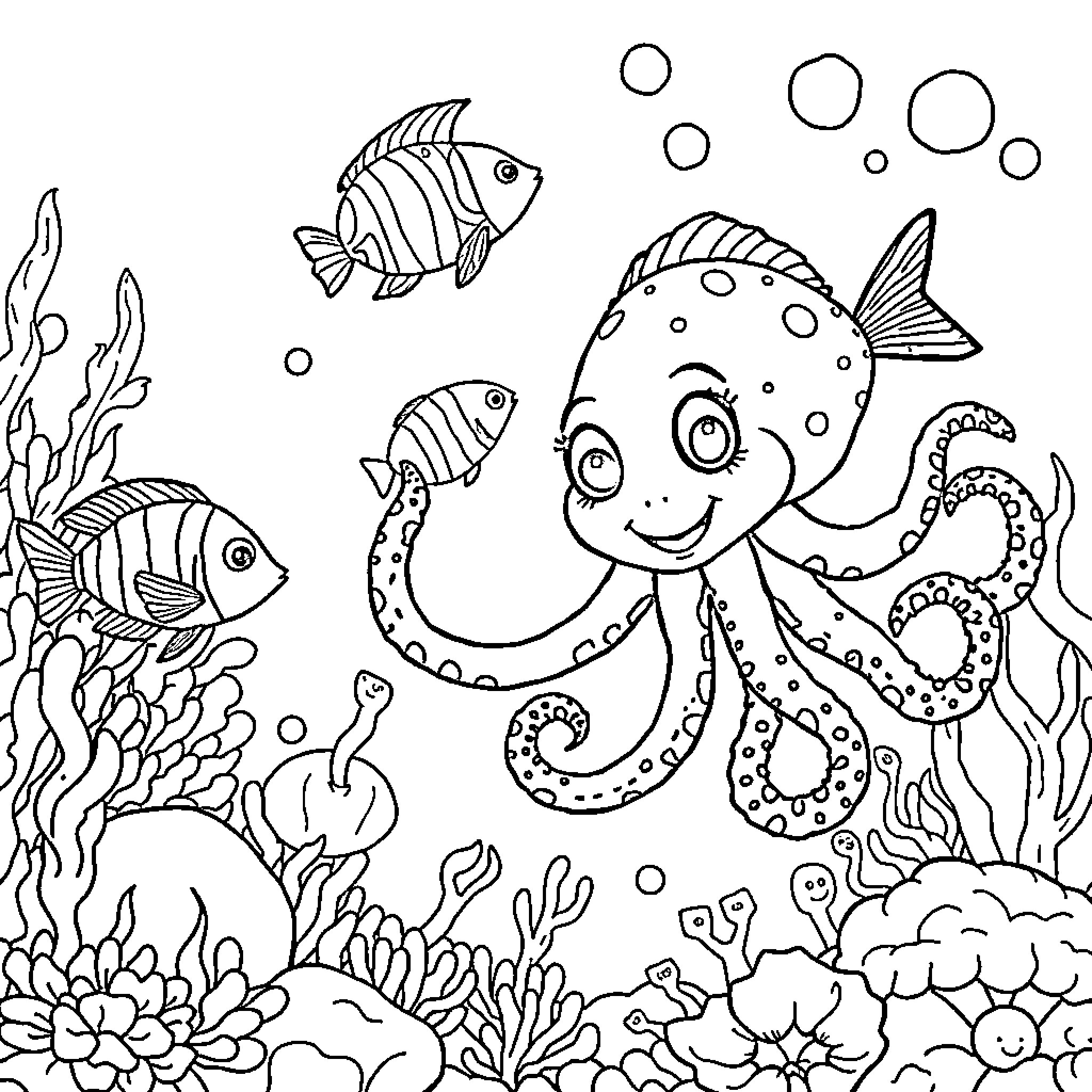 Sea Creature Playful Underwater Adventure Coloring Page (free black-and-white line drawing printable PDF for all, from beginners to advanced learners, including children, teens, adults, and seniors)