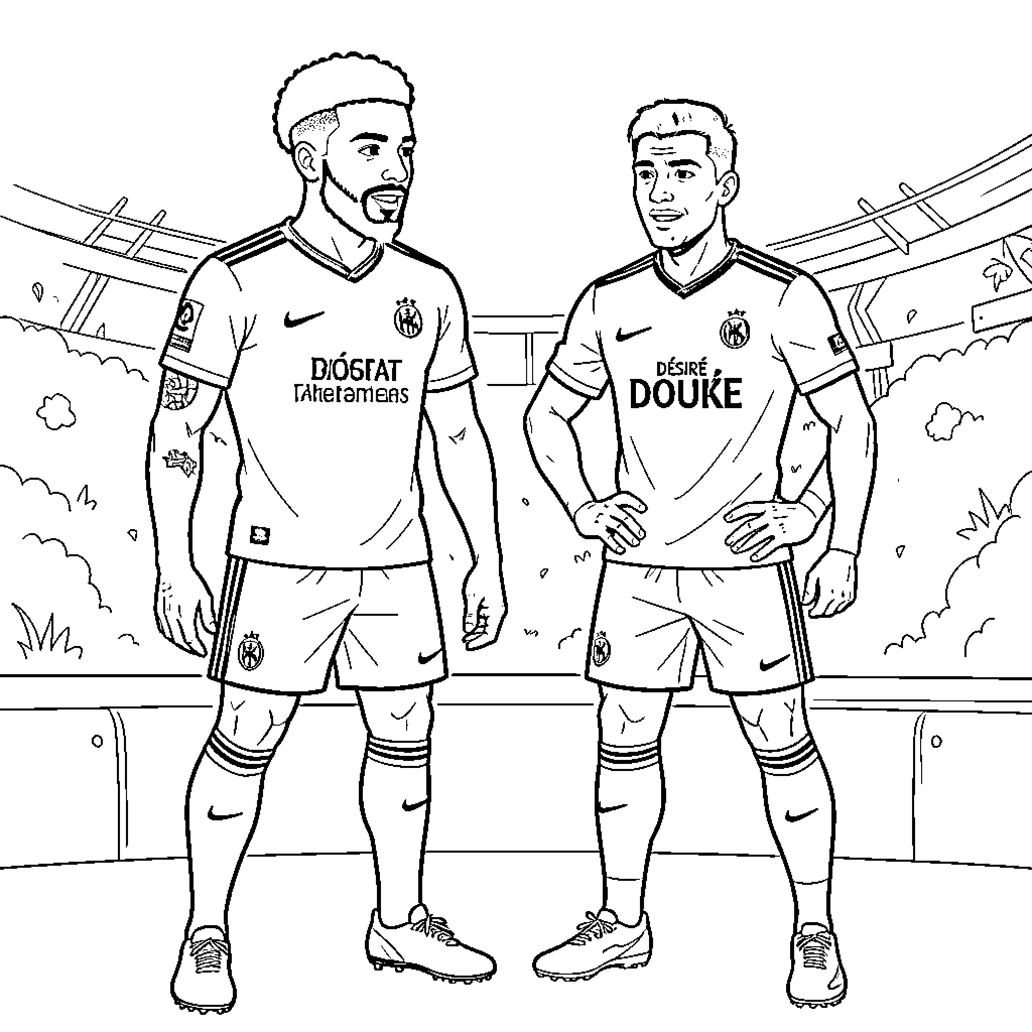 Mbappe standing and talking with a teammate on field Coloring Page (free black-and-white line drawing printable PDF for all, from beginners to advanced learners, including children, teens, adults, and seniors)