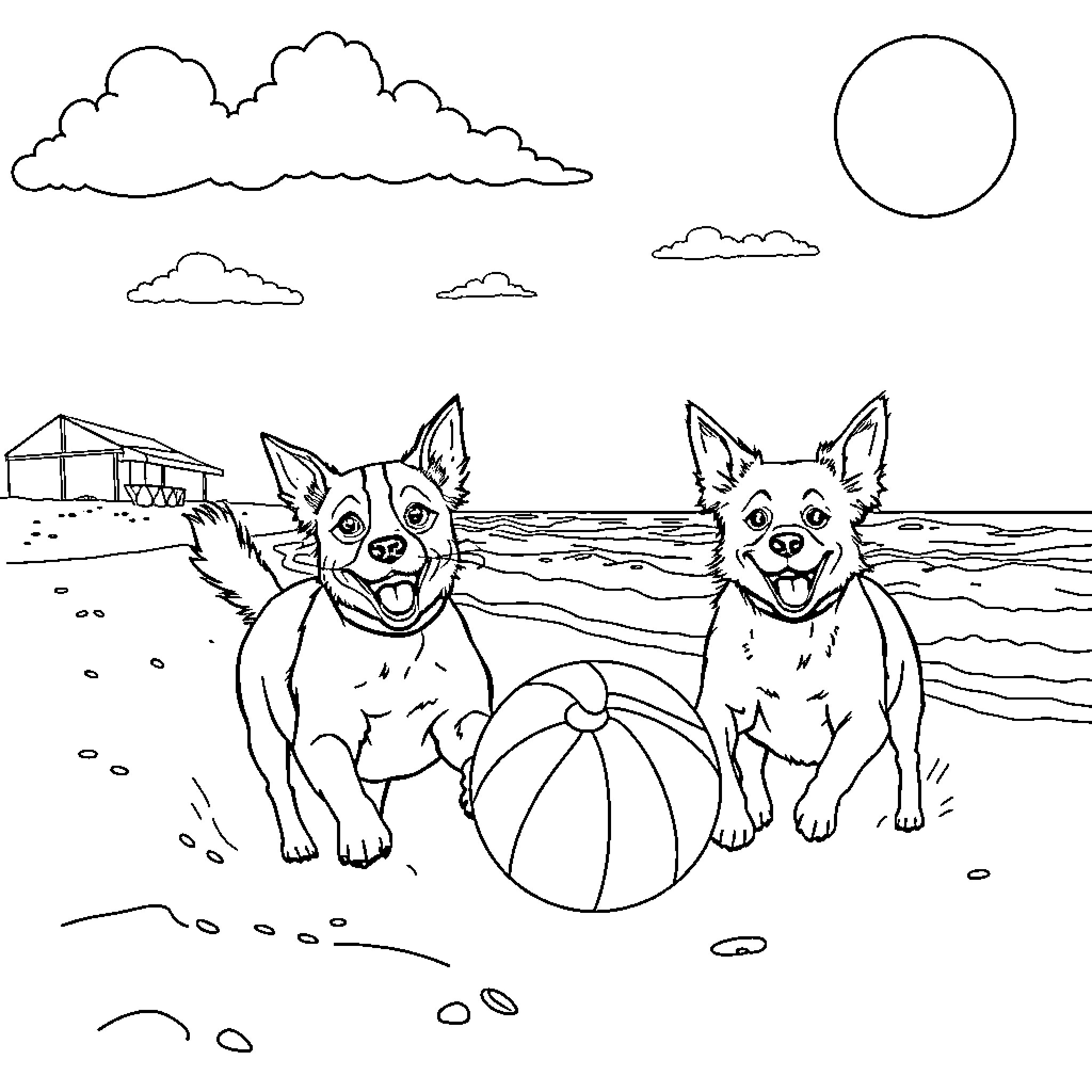 Dog companions playing with beach ball on the shore Coloring Page (free black-and-white line drawing printable PDF for all, from beginners to advanced learners, including children, teens, adults, and seniors)