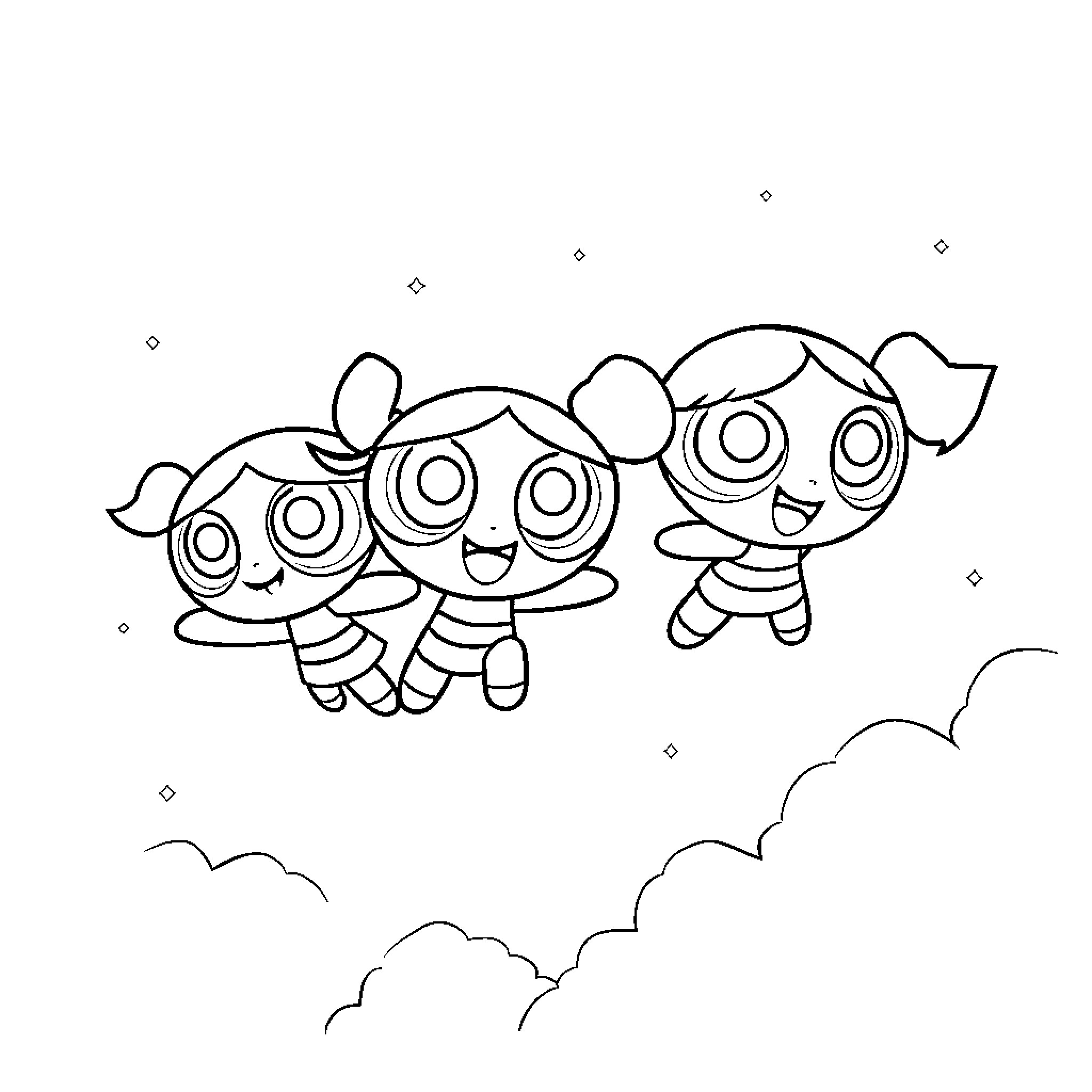 Powerpuff Girls flying happily in the sky Coloring Page (free black-and-white line drawing printable PDF for all, from beginners to advanced learners, including children, teens, adults, and seniors)