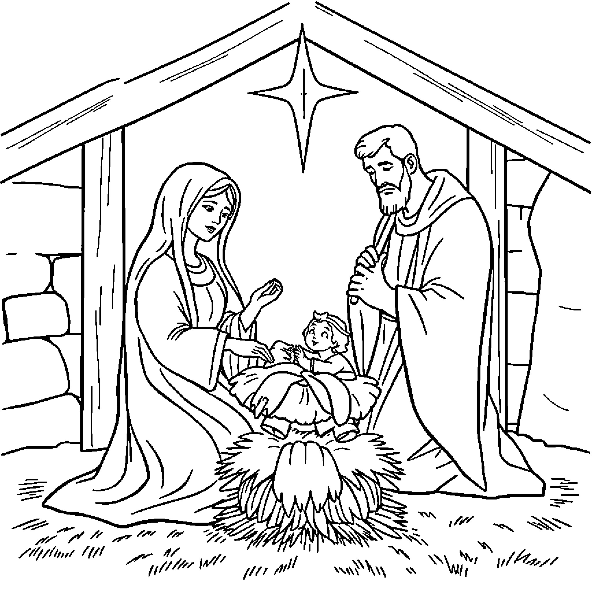 Nativity scene with holy family and shining star Coloring Page (free black-and-white line drawing printable PDF for all, from beginners to advanced learners, including children, teens, adults, and seniors)