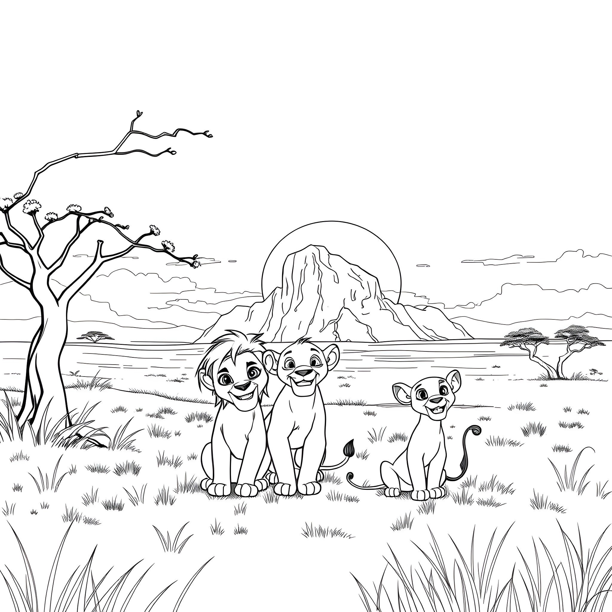 Lion Cubs Playing in the Savanna Landscape Coloring Page (free black-and-white line drawing printable PDF for all, from beginners to advanced learners, including children, teens, adults, and seniors)
