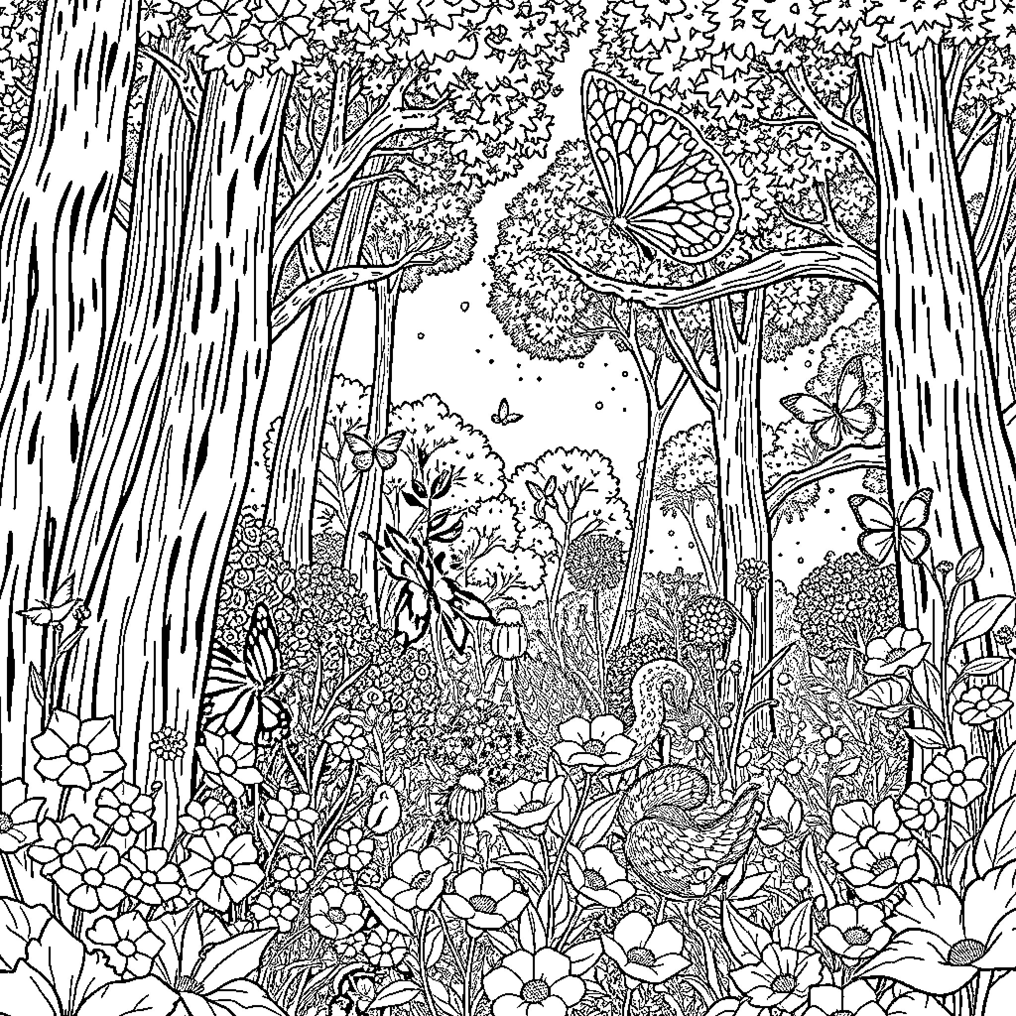 Garden of Whimsical Floral Wonders Coloring Page (free black-and-white line drawing printable PDF for all, from beginners to advanced learners, including children, teens, adults, and seniors)