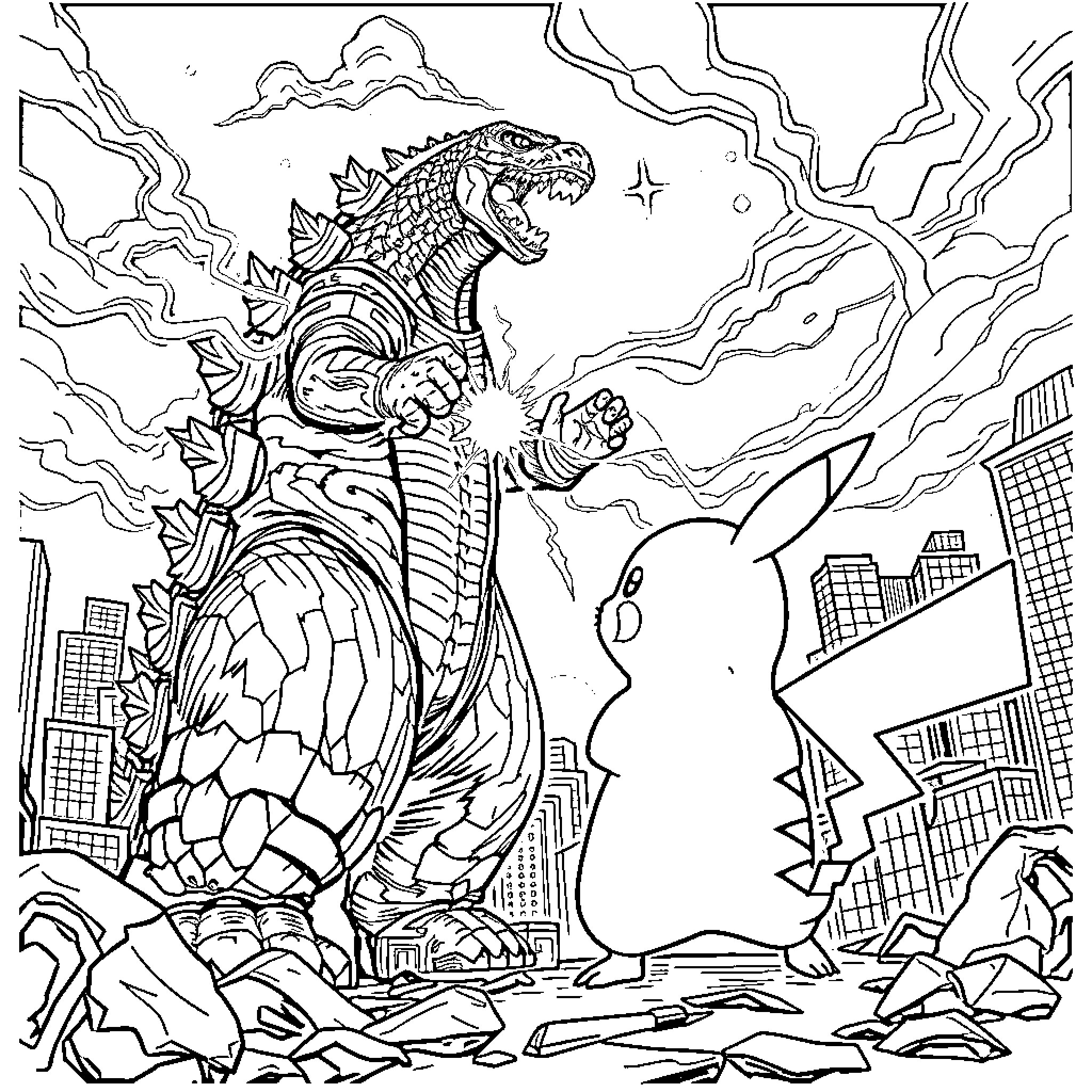 Pikachu battling a giant monster in a city Coloring Page (free black-and-white line drawing printable PDF for all, from beginners to advanced learners, including children, teens, adults, and seniors)