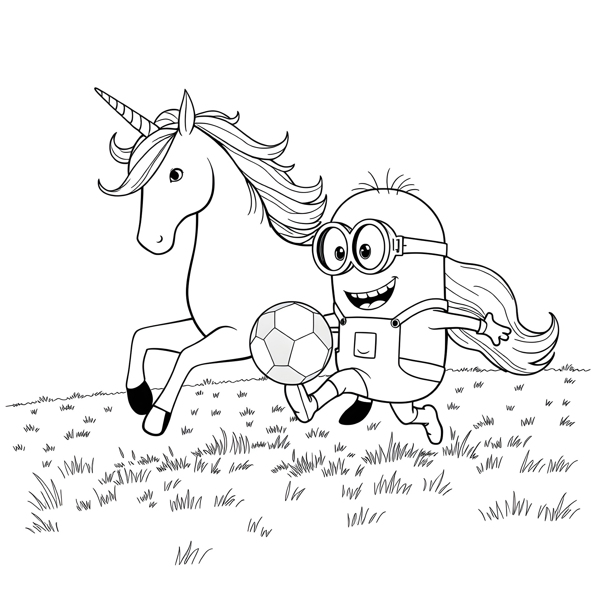 Minion playing soccer with a unicorn Coloring Page (free black-and-white line drawing printable PDF for all, from beginners to advanced learners, including children, teens, adults, and seniors)