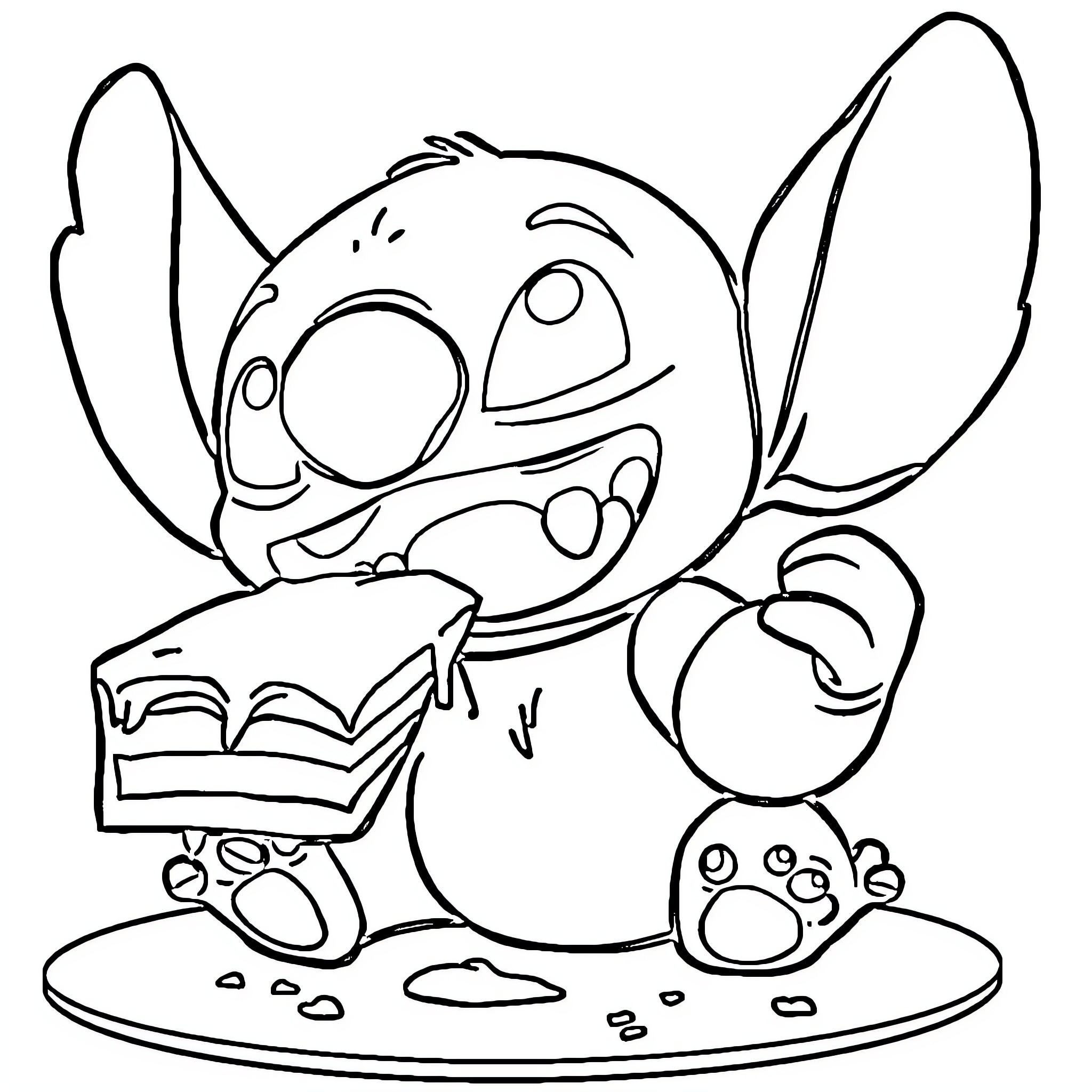 Stitch enjoying a delightful cake Coloring Page (free black-and-white line drawing printable PDF for all, from beginners to advanced learners, including children, teens, adults, and seniors)