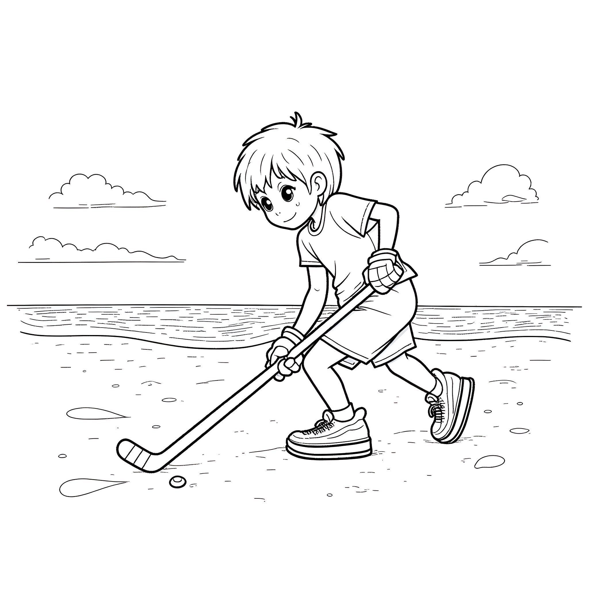 Kid playing hockey on the beach Coloring Page (free black-and-white line drawing printable PDF for all, from beginners to advanced learners, including children, teens, adults, and seniors)