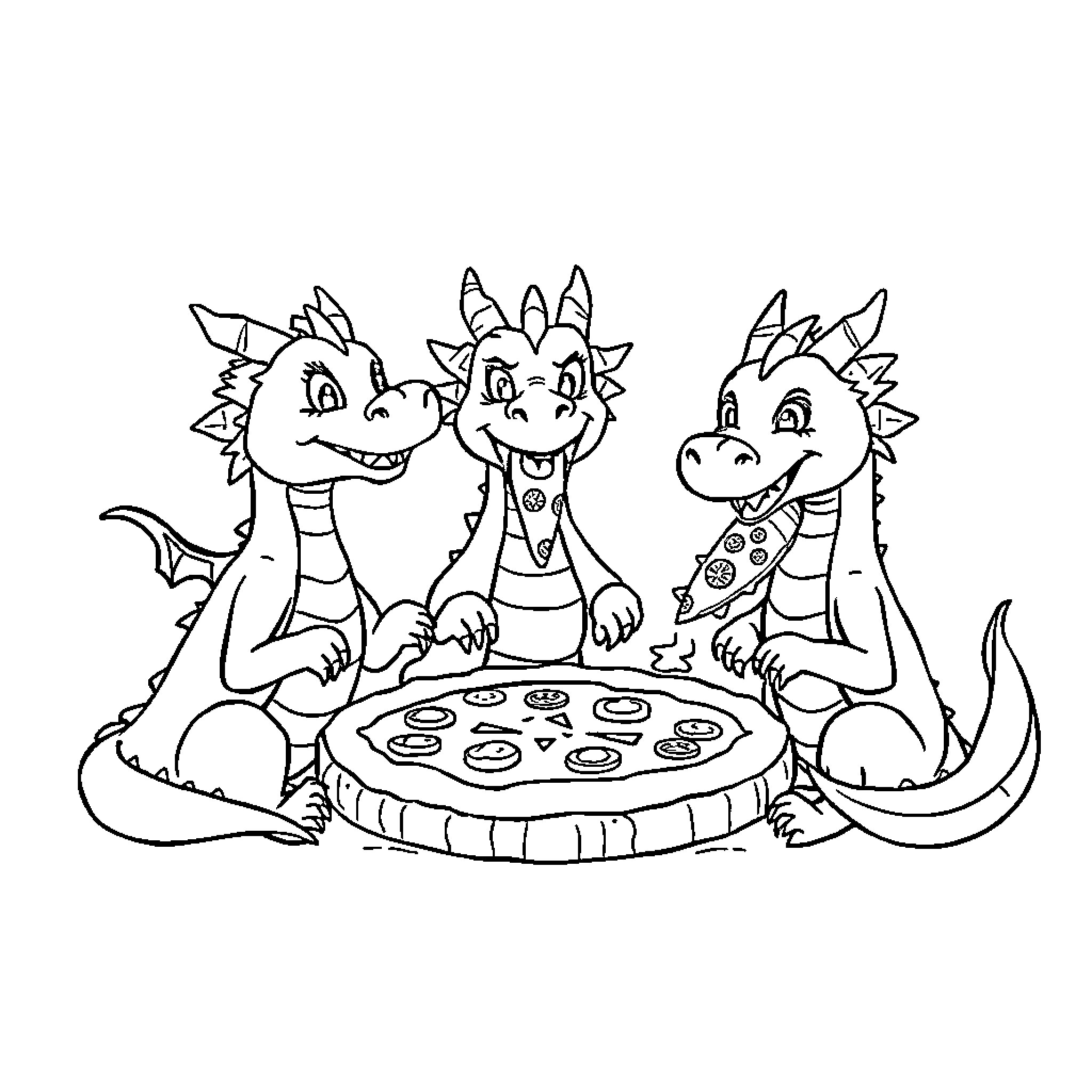 Dragon friends enjoying a delicious pizza together Coloring Page (free black-and-white line drawing printable PDF for all, from beginners to advanced learners, including children, teens, adults, and seniors)