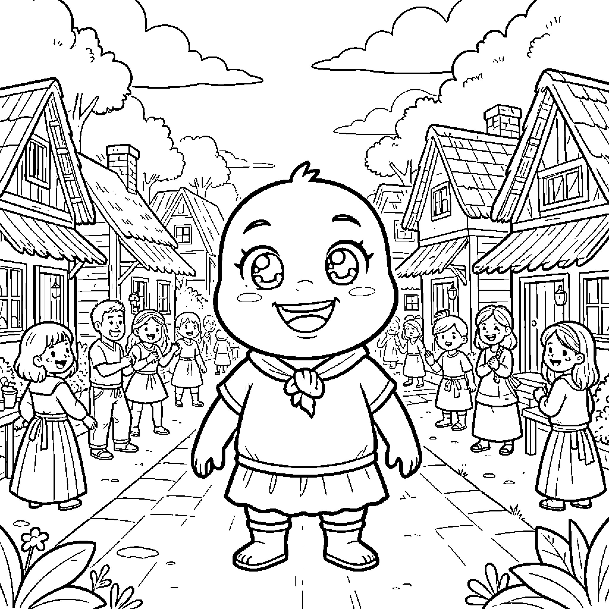 Guku's Happy Town Adventure Coloring Page (free black-and-white line drawing printable PDF for all, from beginners to advanced learners, including children, teens, adults, and seniors)