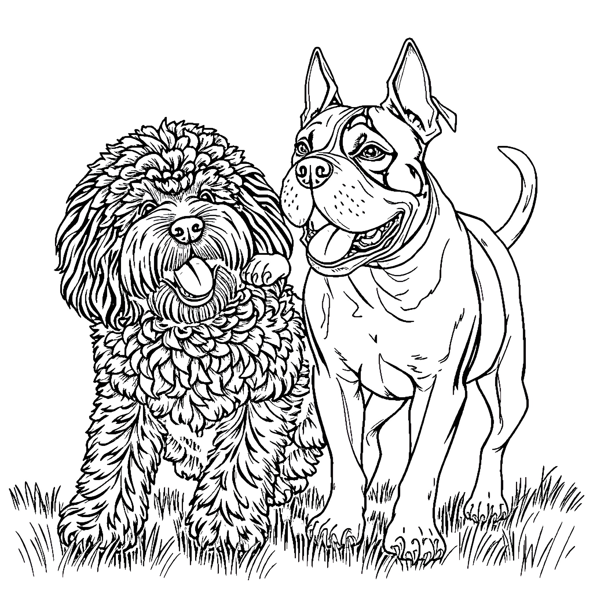 Puli dogs in a playful stance Coloring Page (free black-and-white line drawing printable PDF for all, from beginners to advanced learners, including children, teens, adults, and seniors)