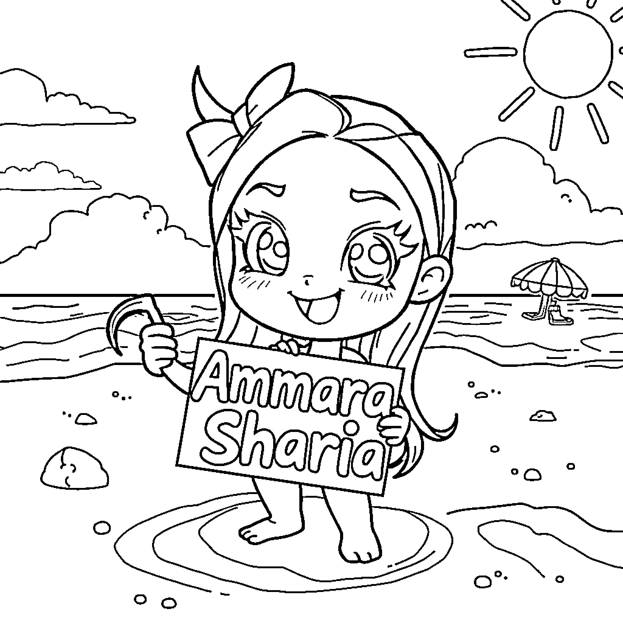 Kuromi enjoying a sunny day at the beach Coloring Page (free black-and-white line drawing printable PDF for all, from beginners to advanced learners, including children, teens, adults, and seniors)