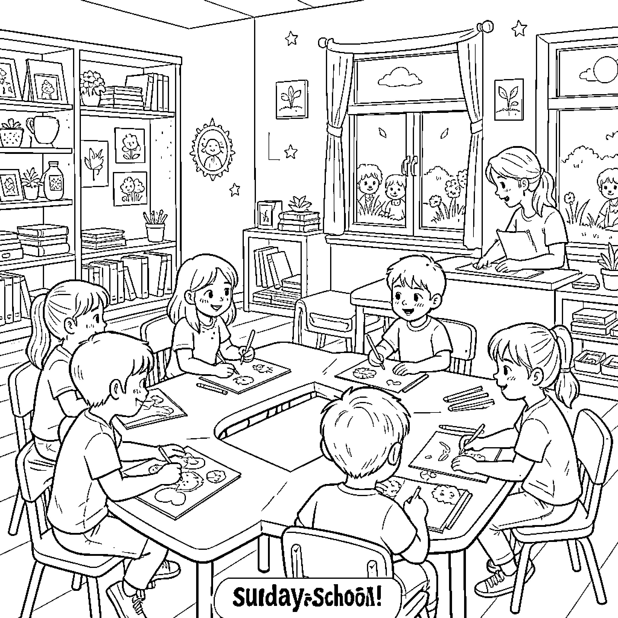 Kid Coloring and Crafting Together in Classroom Coloring Page (free black-and-white line drawing printable PDF for all, from beginners to advanced learners, including children, teens, adults, and seniors)