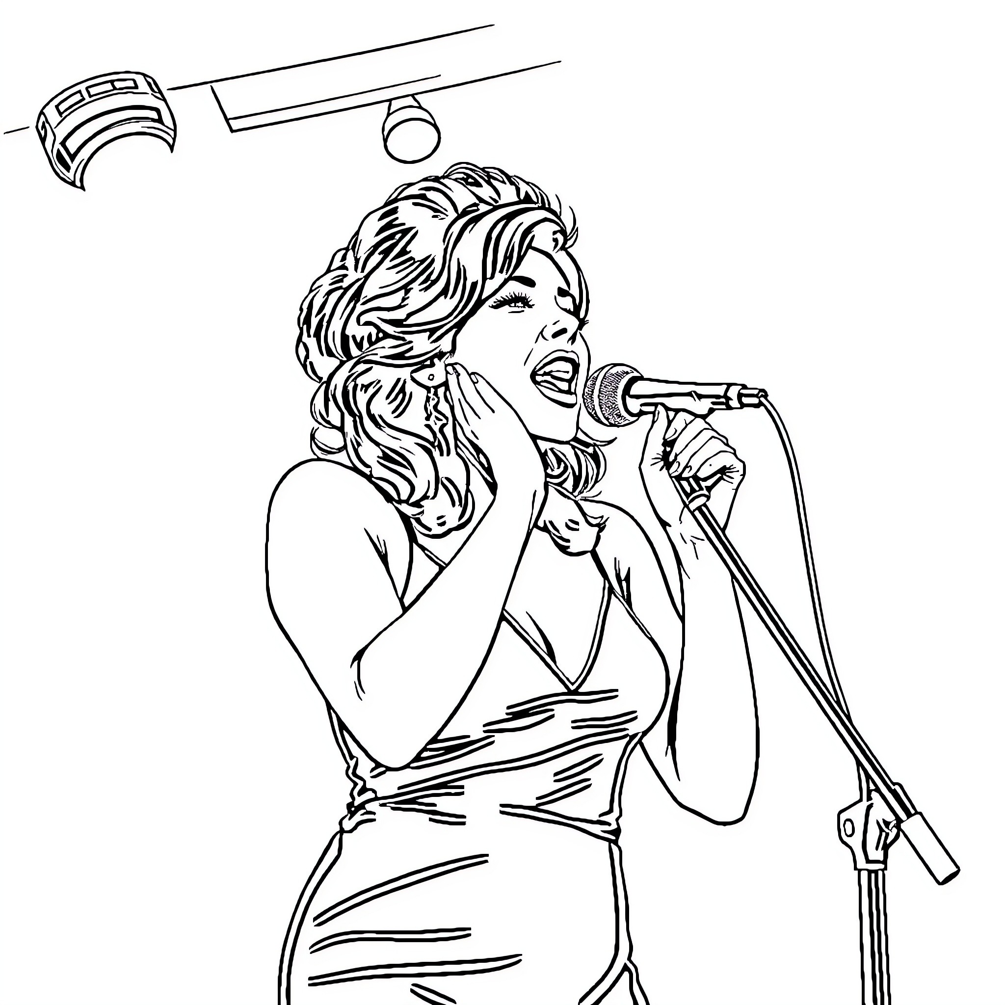Amy Winehouse performing on stage with microphone Coloring Page (free black-and-white line drawing printable PDF for all, from beginners to advanced learners, including children, teens, adults, and seniors)