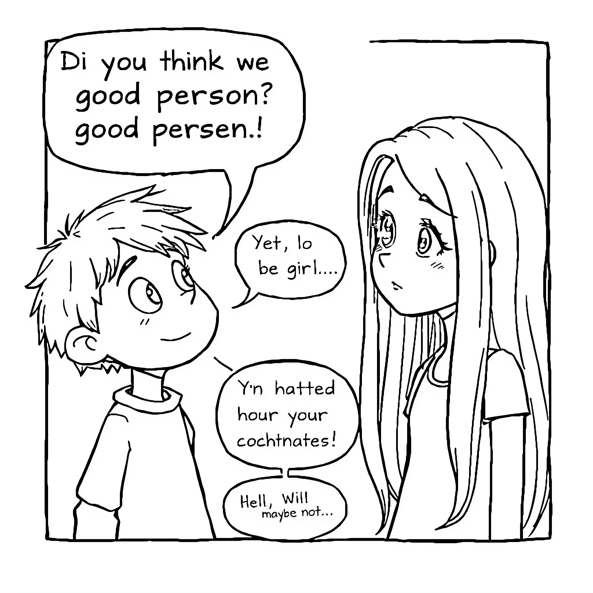 Kid questioning friend's comments about their gender Coloring Page (free black-and-white line drawing printable PDF for all, from beginners to advanced learners, including children, teens, adults, and seniors)