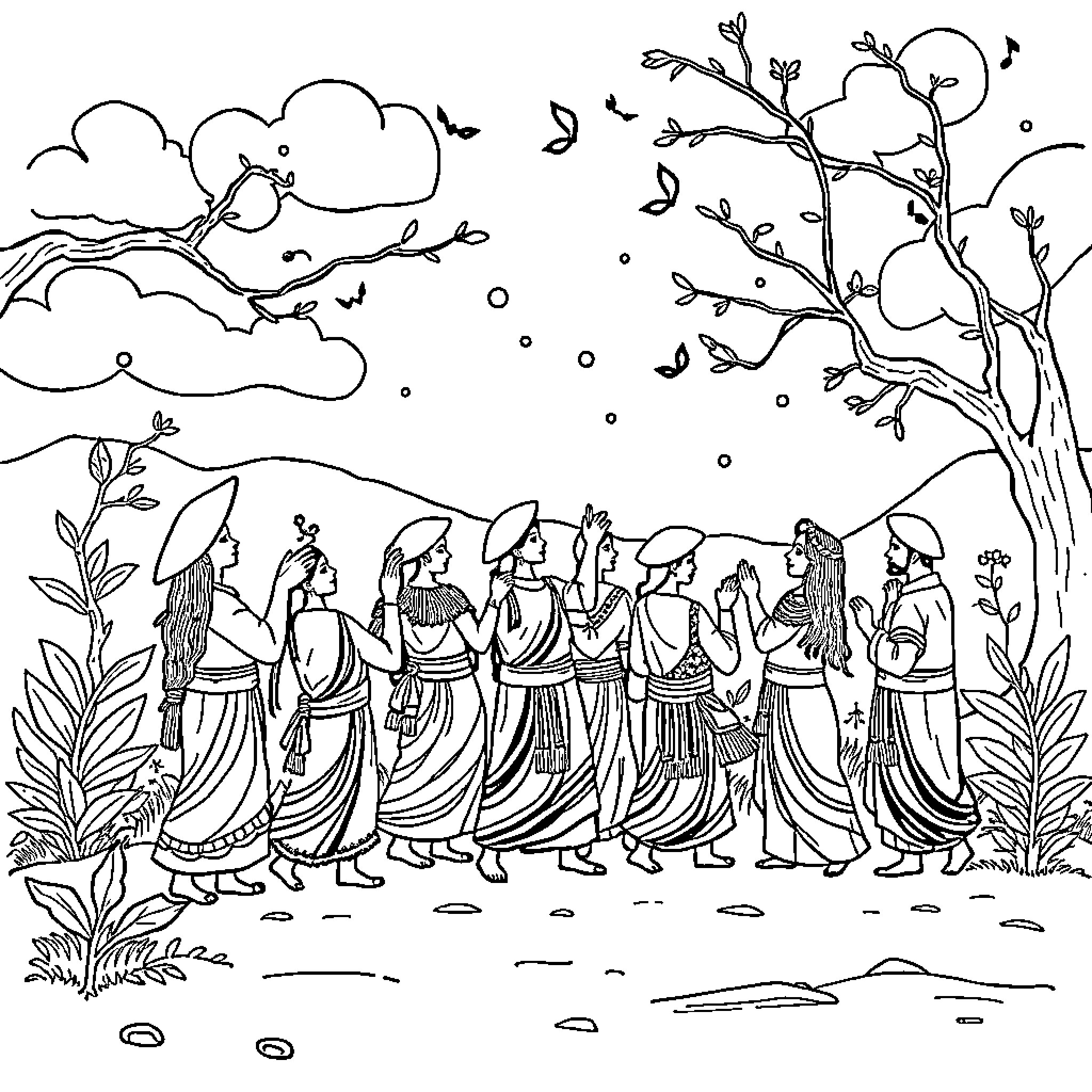 Tun Sajur's Vibrant Cultural Procession Coloring Page (free black-and-white line drawing printable PDF for all, from beginners to advanced learners, including children, teens, adults, and seniors)