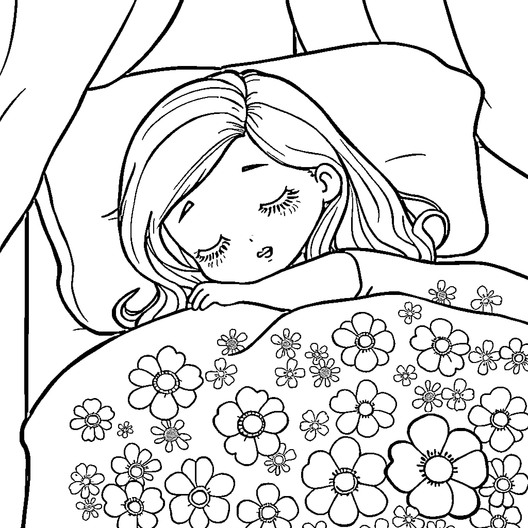 Girl resting peacefully on a bed of flowers Coloring Page (free black-and-white line drawing printable PDF for all, from beginners to advanced learners, including children, teens, adults, and seniors)