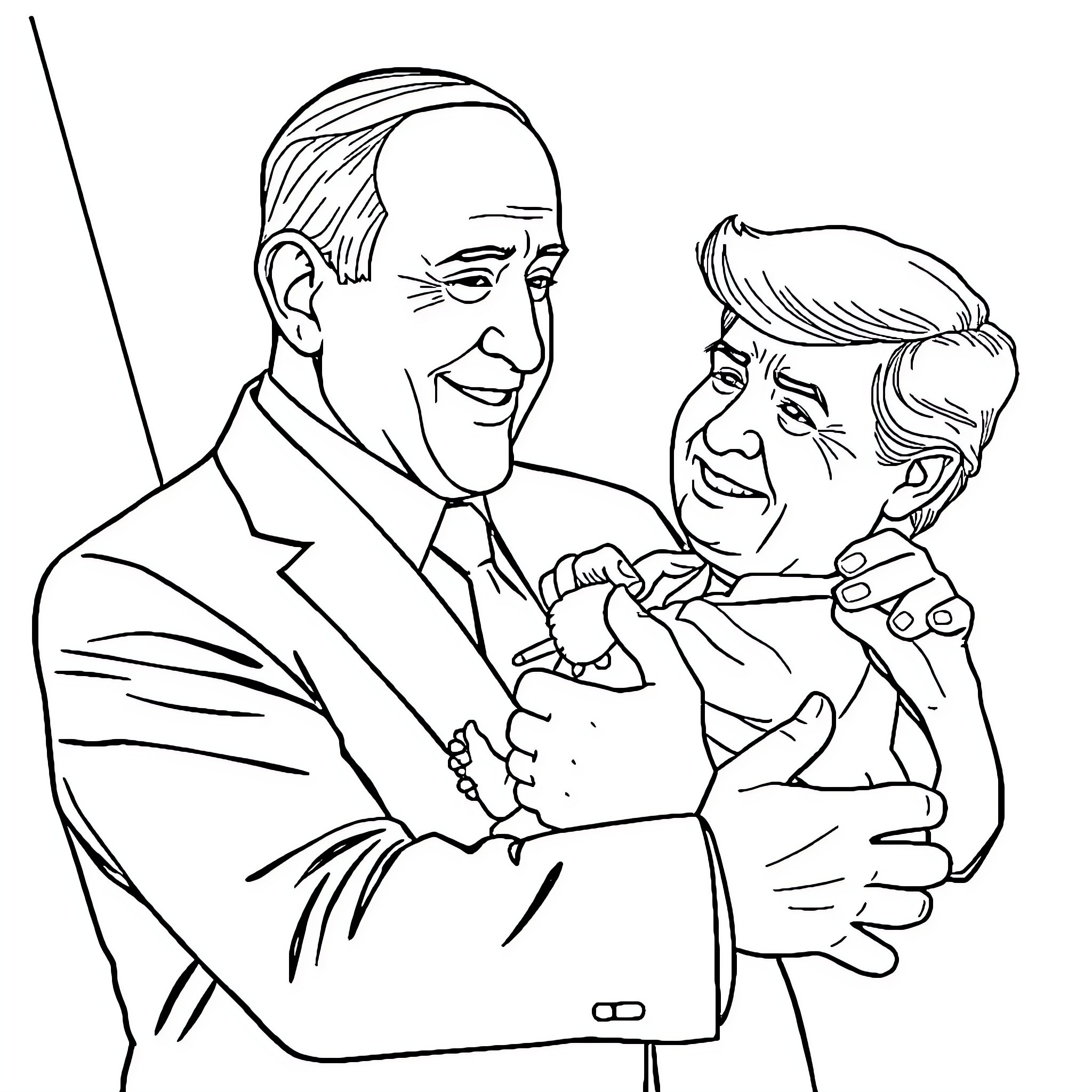 Donald Trump and another politician shaking hands Coloring Page (free black-and-white line drawing printable PDF for all, from beginners to advanced learners, including children, teens, adults, and seniors)
