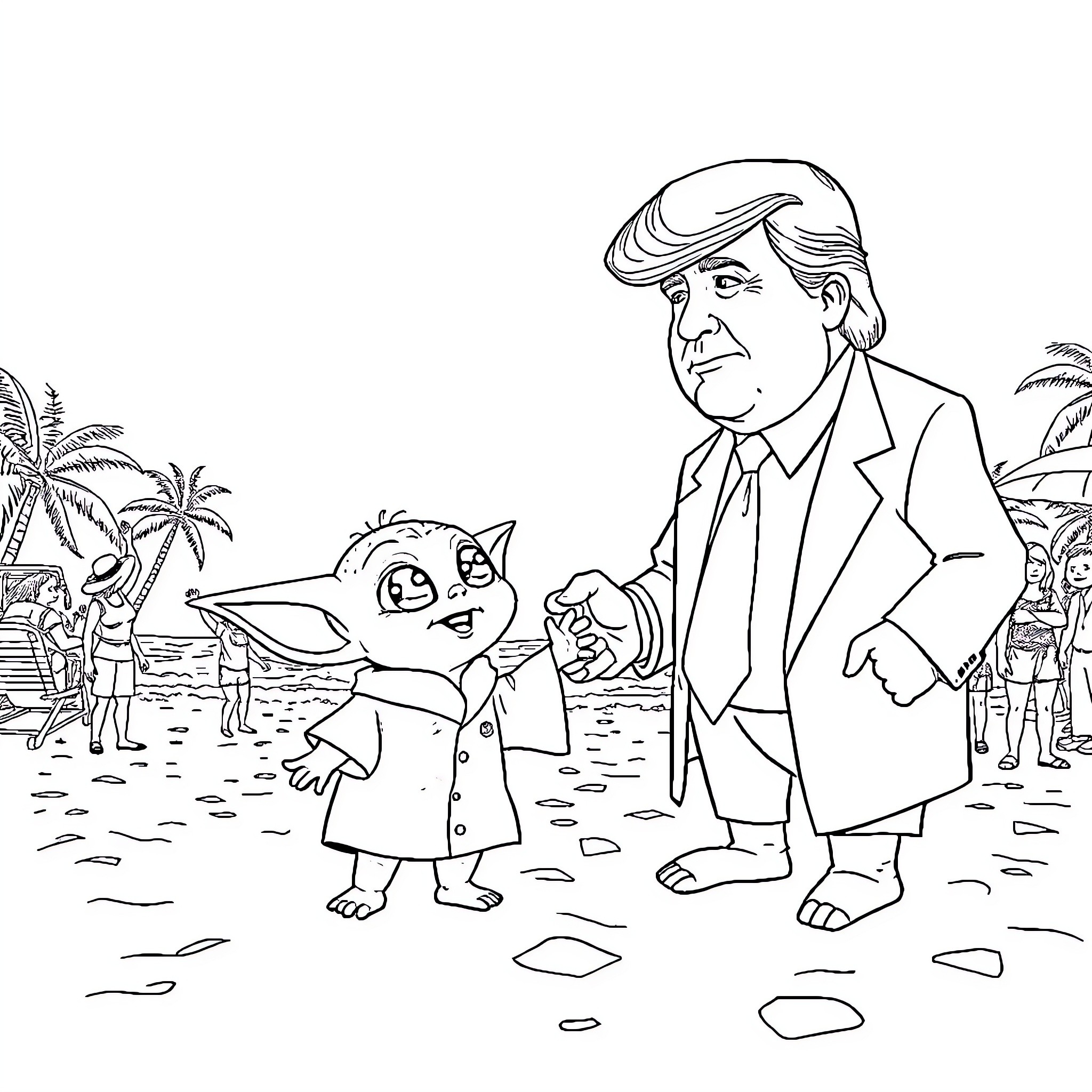 Baby Yoda and Trump on a tropical beach Coloring Page (free black-and-white line drawing printable PDF for all, from beginners to advanced learners, including children, teens, adults, and seniors)