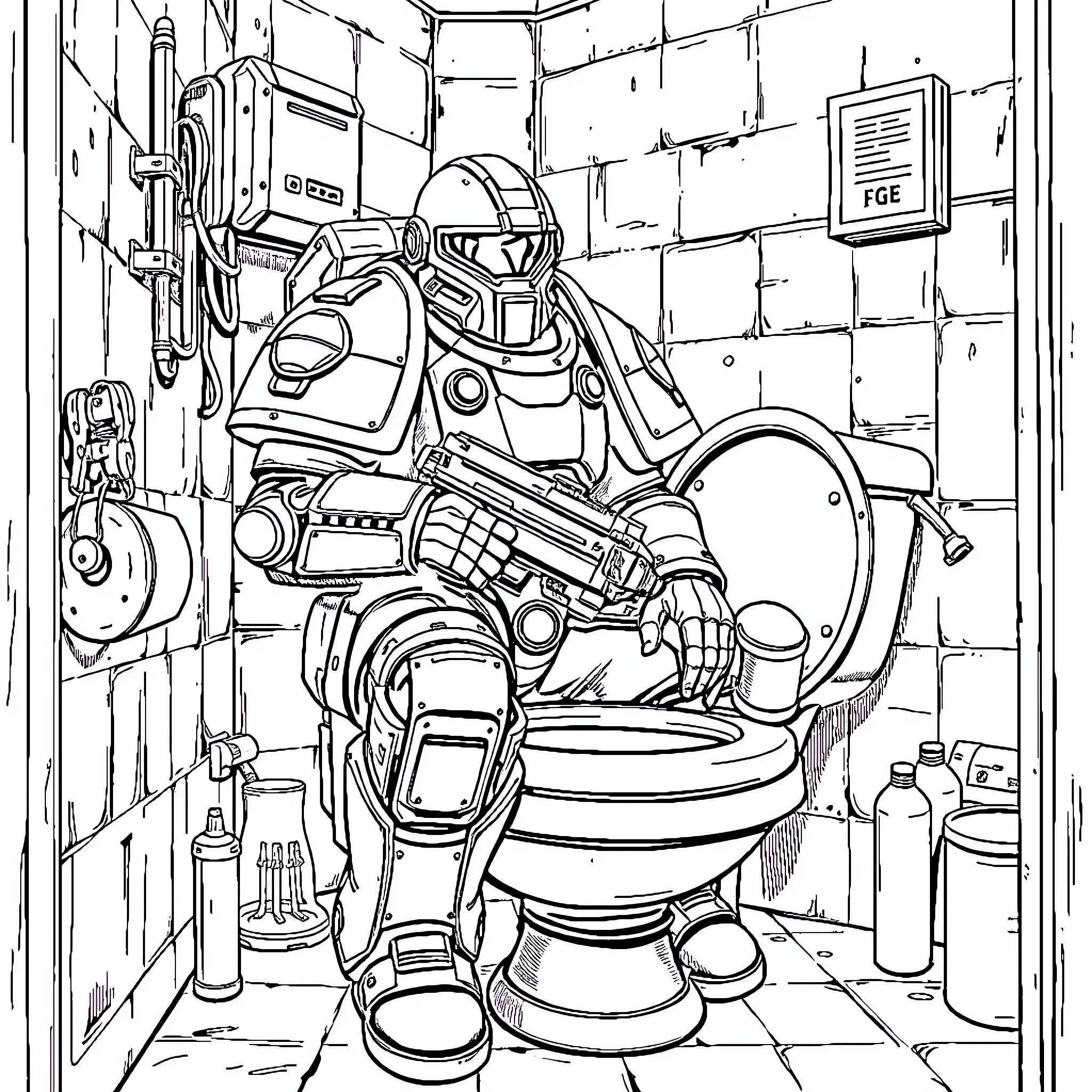 Space Marine Utilizes Futuristic Restroom Facilities Coloring Page (free black-and-white line drawing printable PDF for all, from beginners to advanced learners, including children, teens, adults, and seniors)