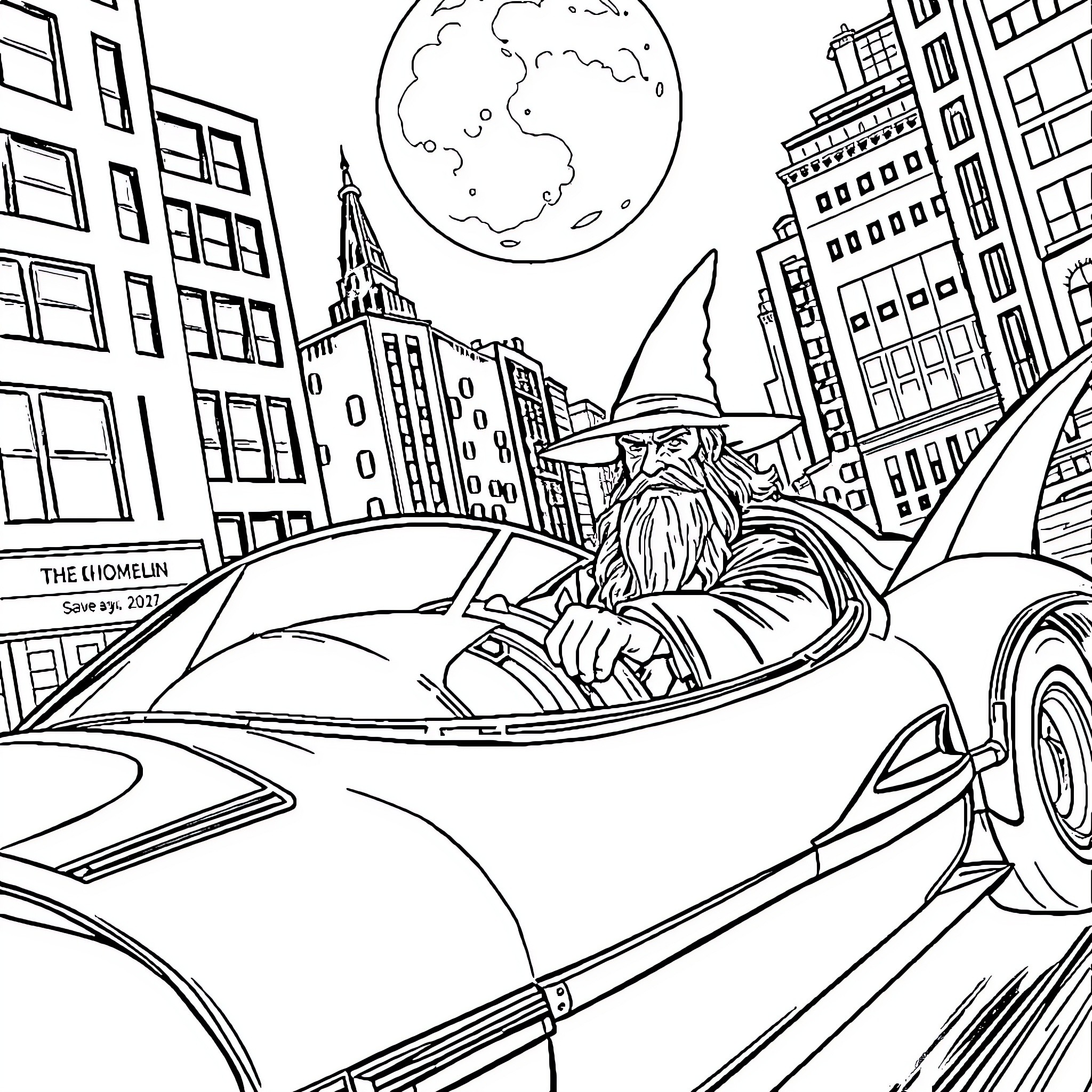 Gandalf's Magical Drive Through the Cityscape Coloring Page (free black-and-white line drawing printable PDF for all, from beginners to advanced learners, including children, teens, adults, and seniors)