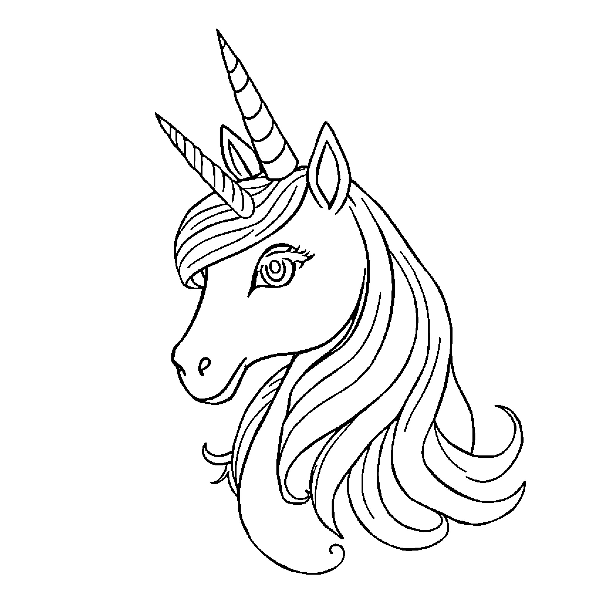 Unicorn with Flowing Mane and Magical Horn Coloring Page (free black-and-white line drawing printable PDF for all, from beginners to advanced learners, including children, teens, adults, and seniors)