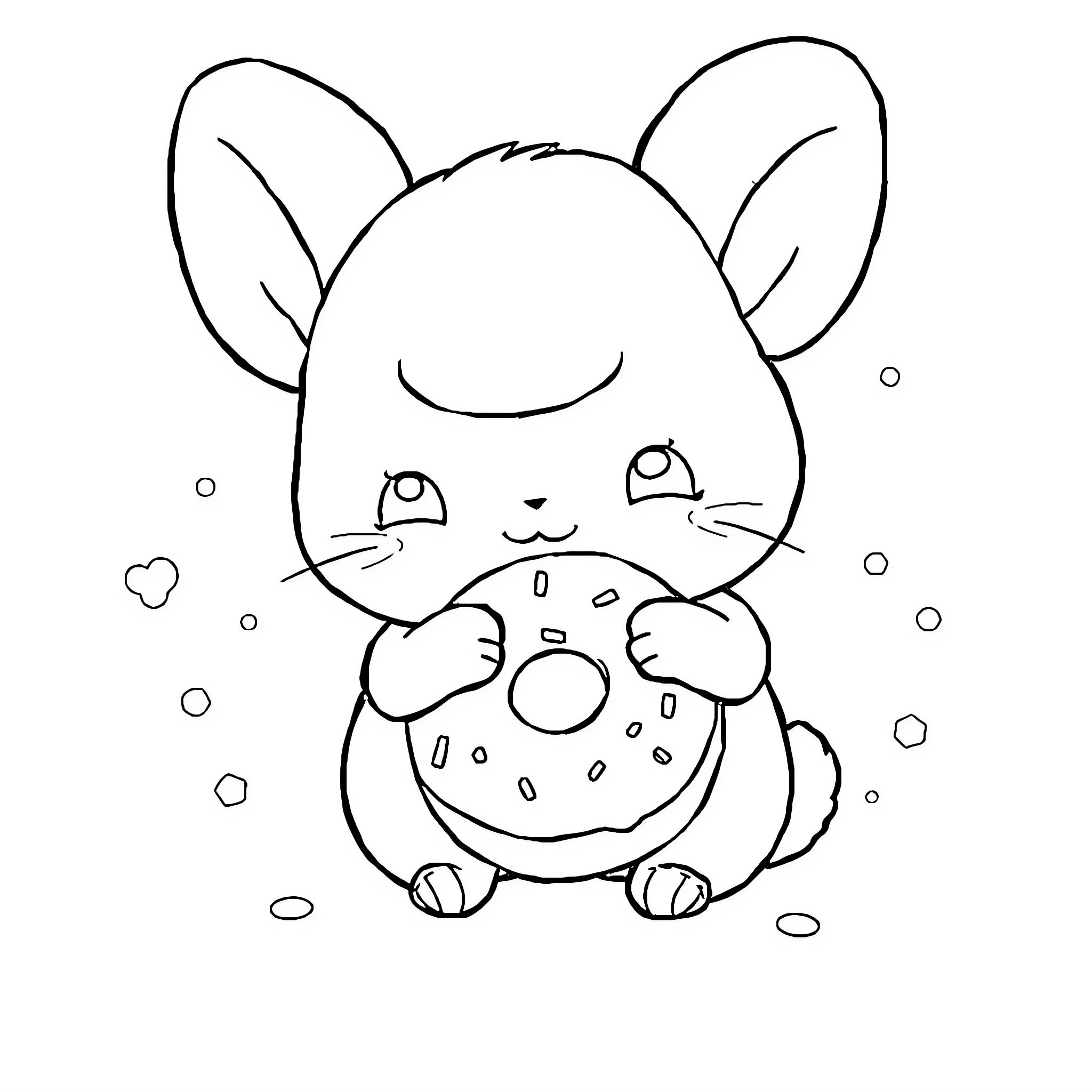 Cinnamoroll enjoying a donut treat Coloring Page (free black-and-white line drawing printable PDF for all, from beginners to advanced learners, including children, teens, adults, and seniors)