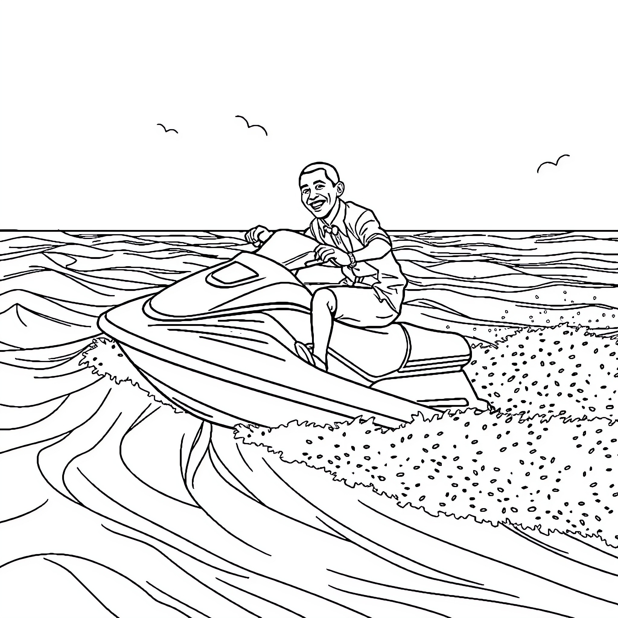 Obama riding a jet ski on the beach Coloring Page (free black-and-white line drawing printable PDF for all, from beginners to advanced learners, including children, teens, adults, and seniors)