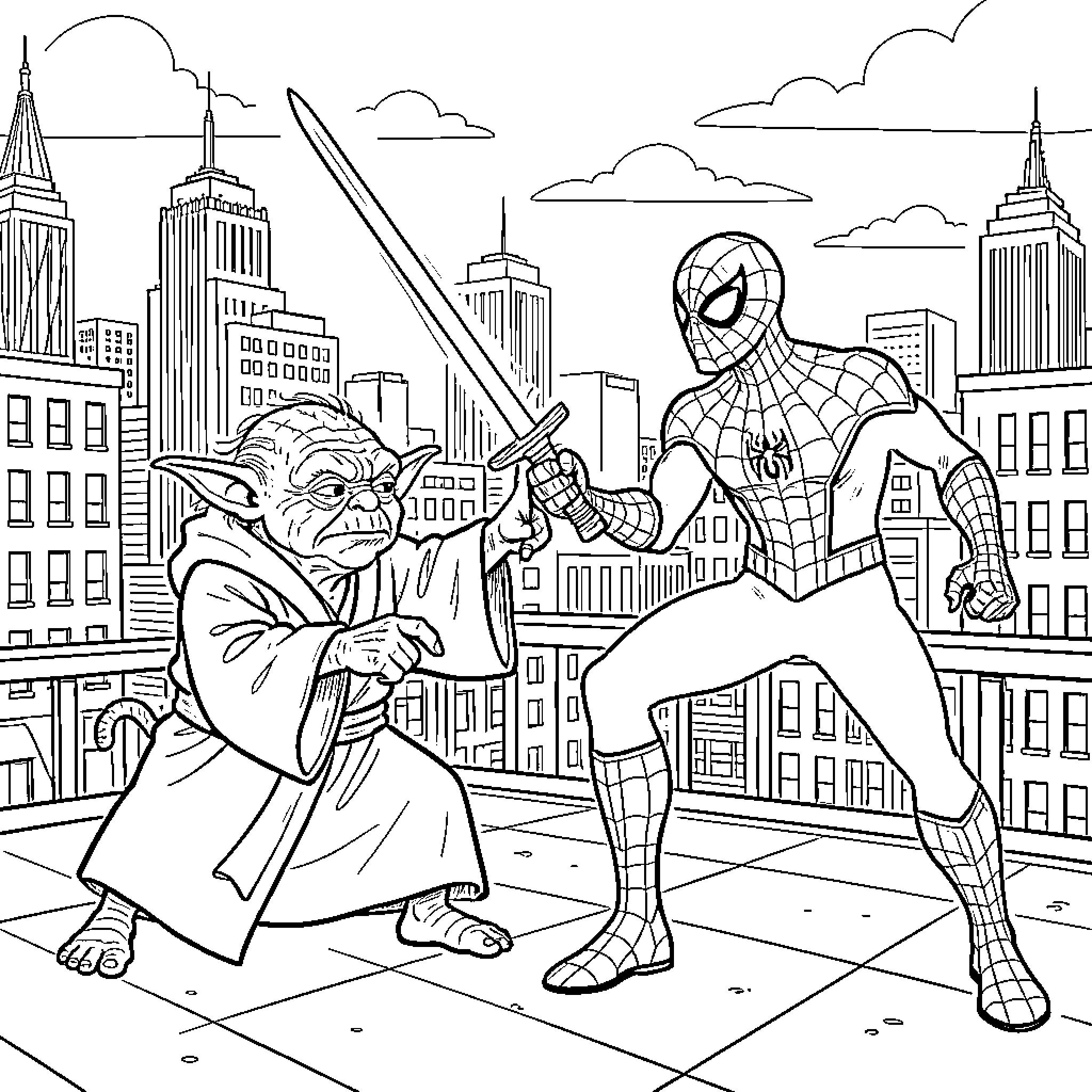 Yoda facing off against Spider-Man on a rooftop Coloring Page (free black-and-white line drawing printable PDF for all, from beginners to advanced learners, including children, teens, adults, and seniors)