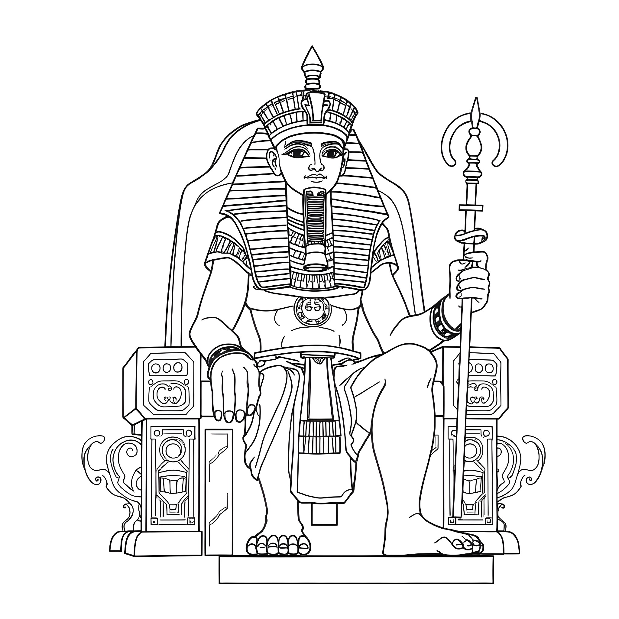 Pharaoh commanding from his ornate throne Coloring Page (free black-and-white line drawing printable PDF for all, from beginners to advanced learners, including children, teens, adults, and seniors)