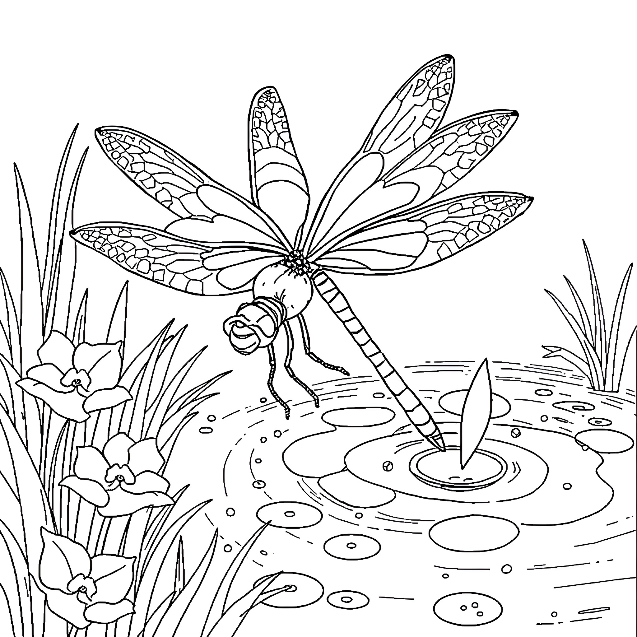 Dragonfly Resting in a Tranquil Pond Coloring Page (free black-and-white line drawing printable PDF for all, from beginners to advanced learners, including children, teens, adults, and seniors)