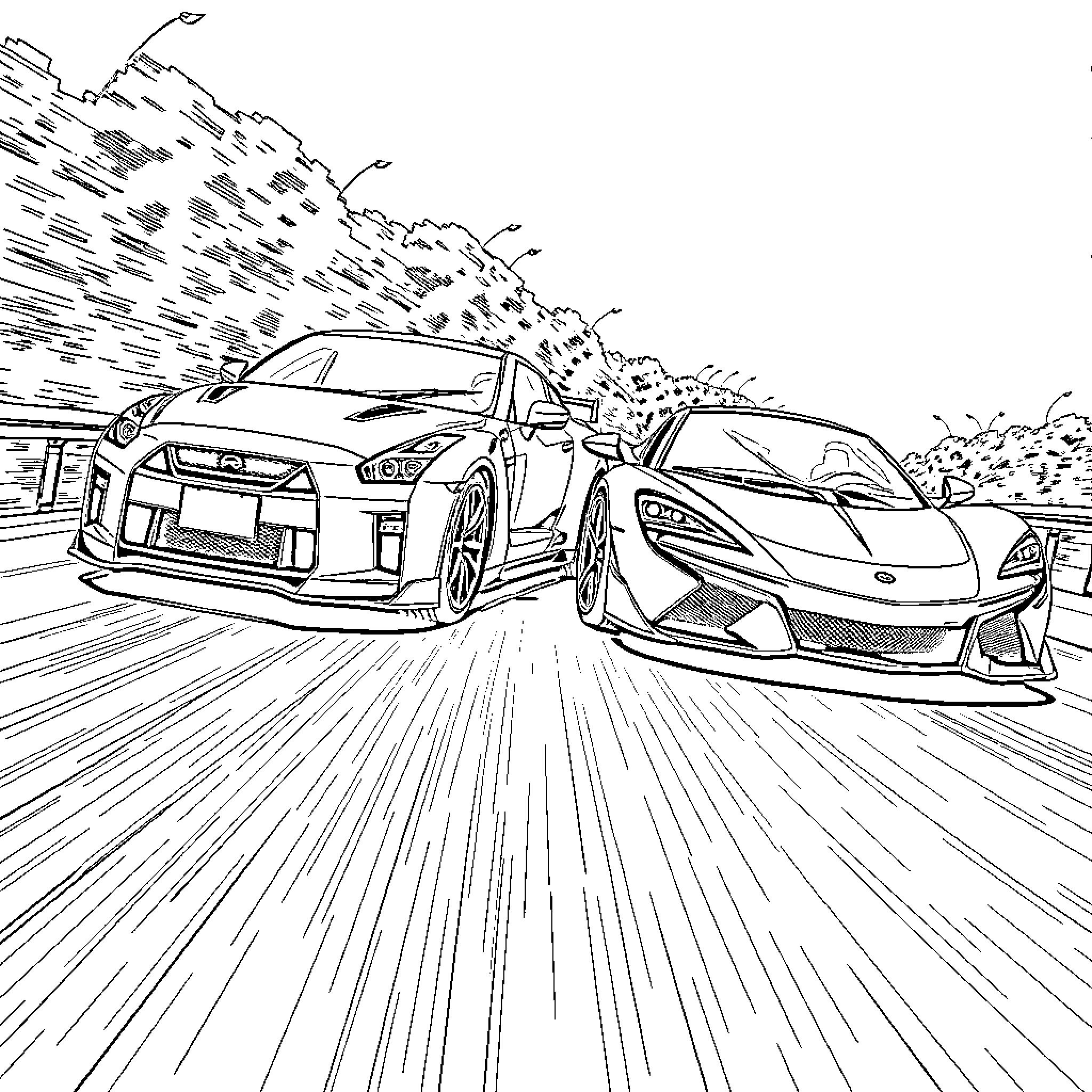 Cars racing at high speed on the road Coloring Page (free black-and-white line drawing printable PDF for all, from beginners to advanced learners, including children, teens, adults, and seniors)
